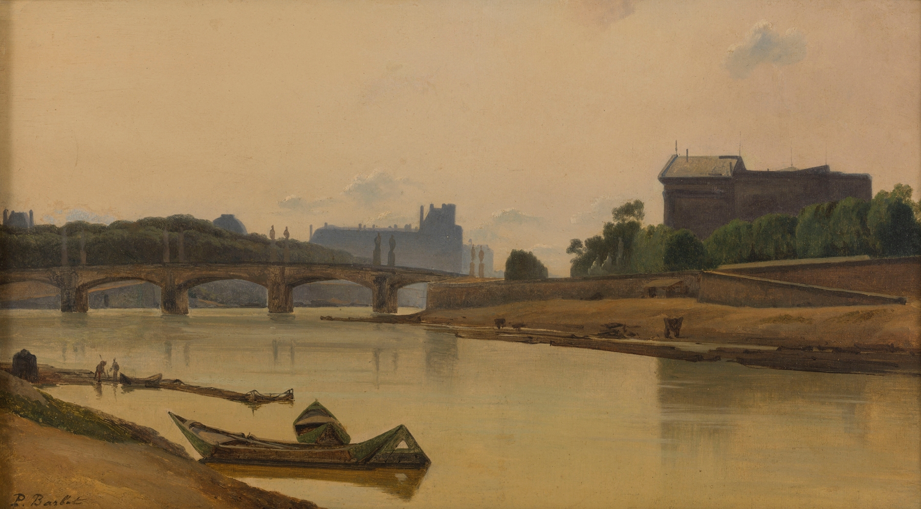 Oil on canvas by Prosper Barbot depicting the Seine with a bridge and reflections