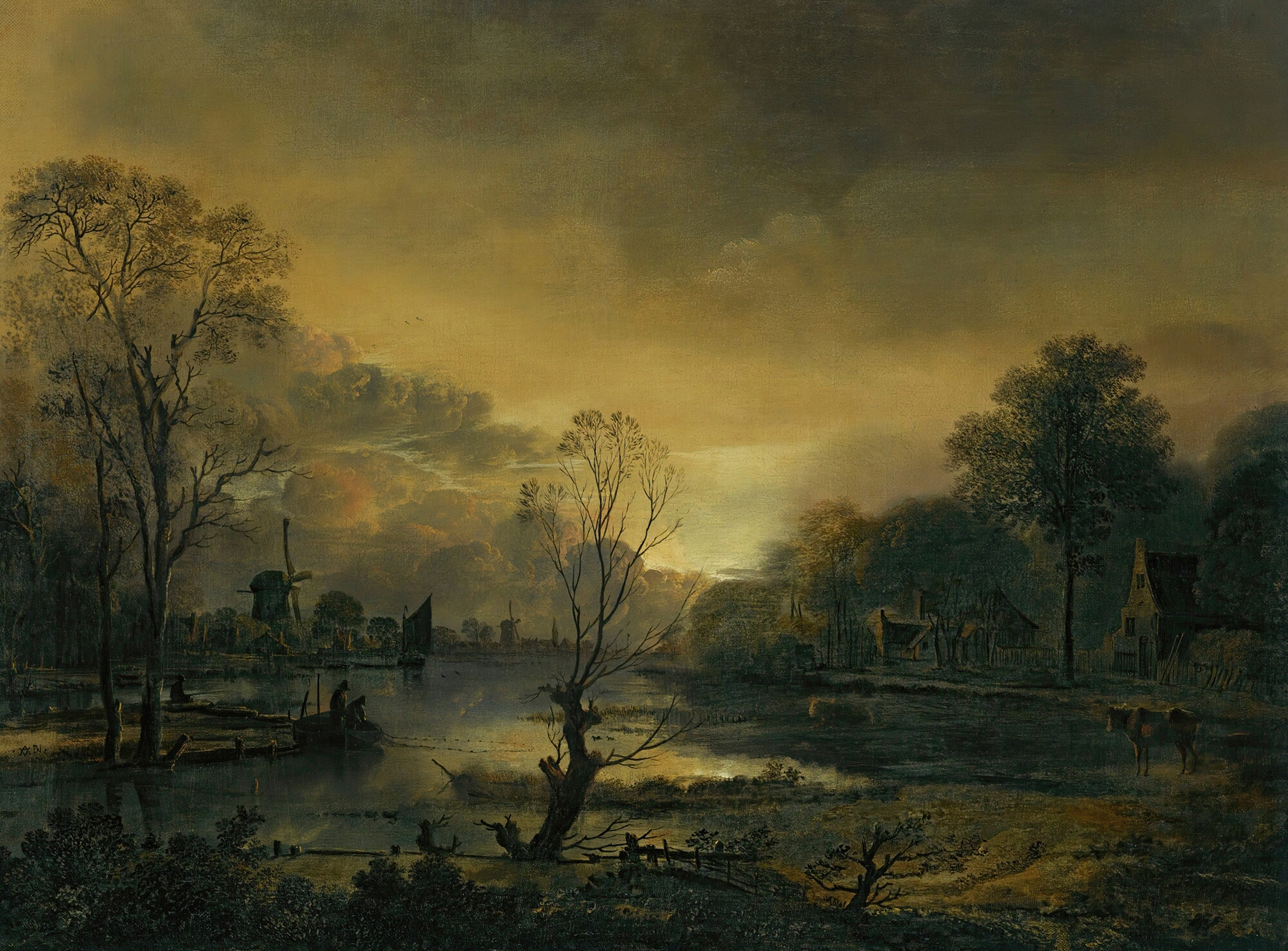 A River Landscape At Sunset With Fishermen Drawing In Their Net In The Foreground, Windmills Beyond, by Aert van der Neer, public domain