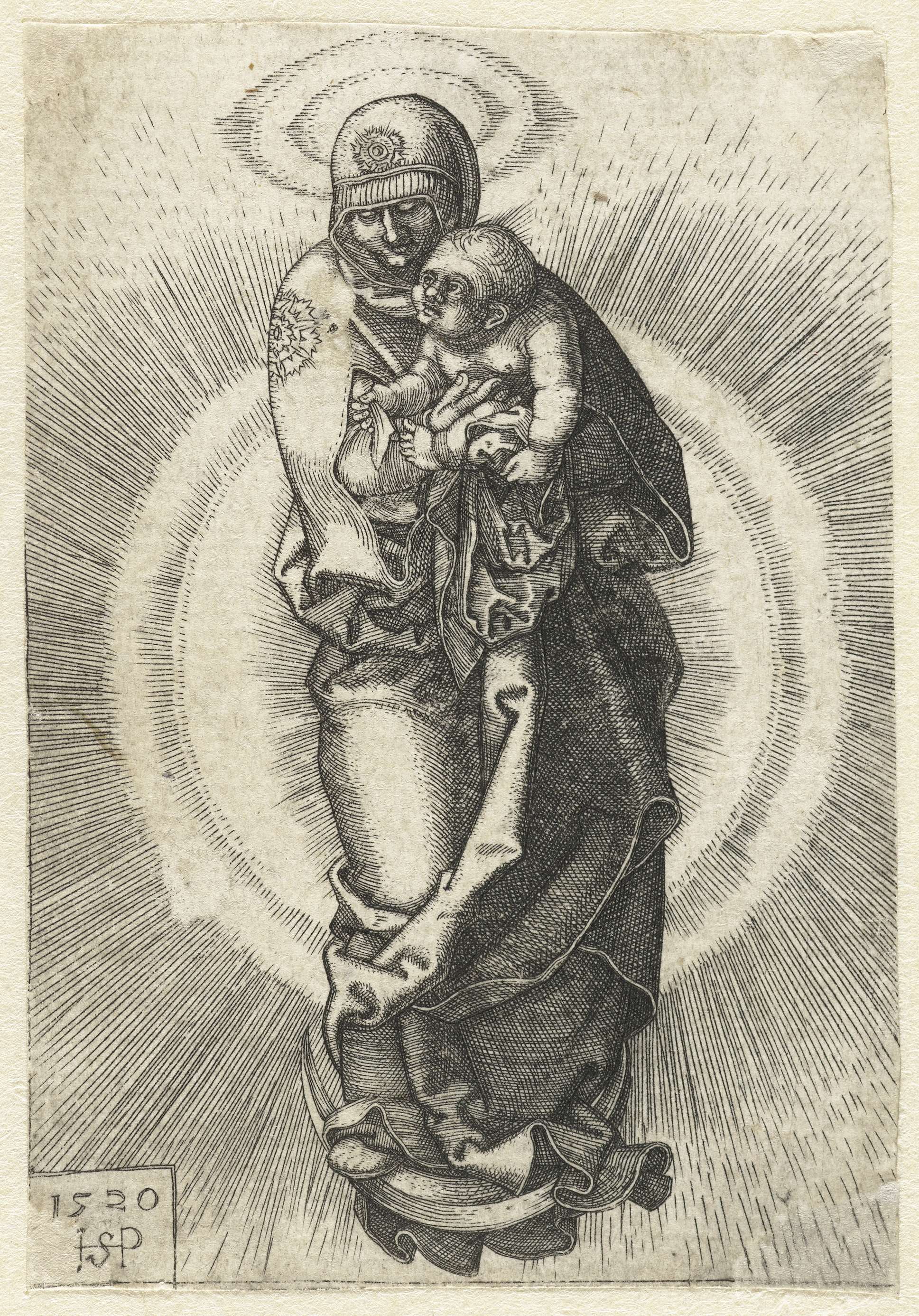 Engraving by Hans Sebald Beham depicting Maria and child on a crescent moon.