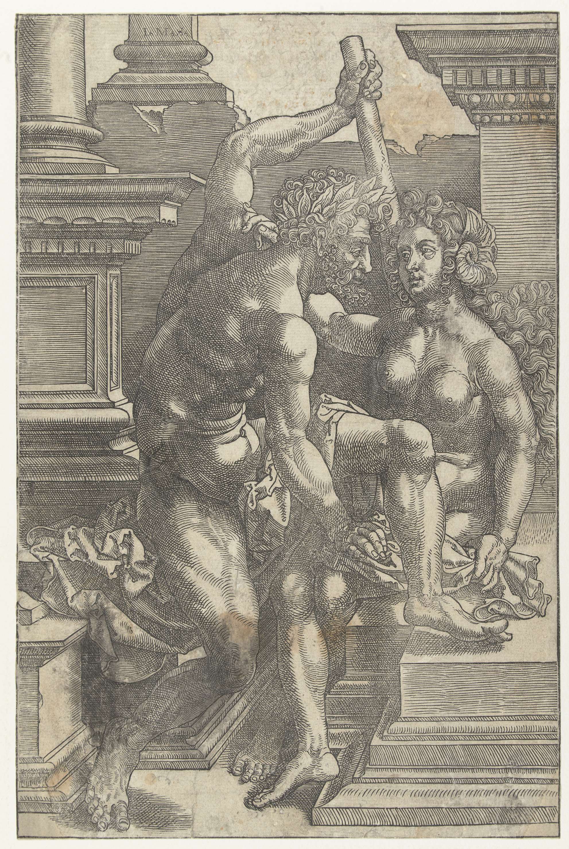 Hercules and Omphale in a paper work by Jan Gossart, featuring Hercules in a lion's skin.