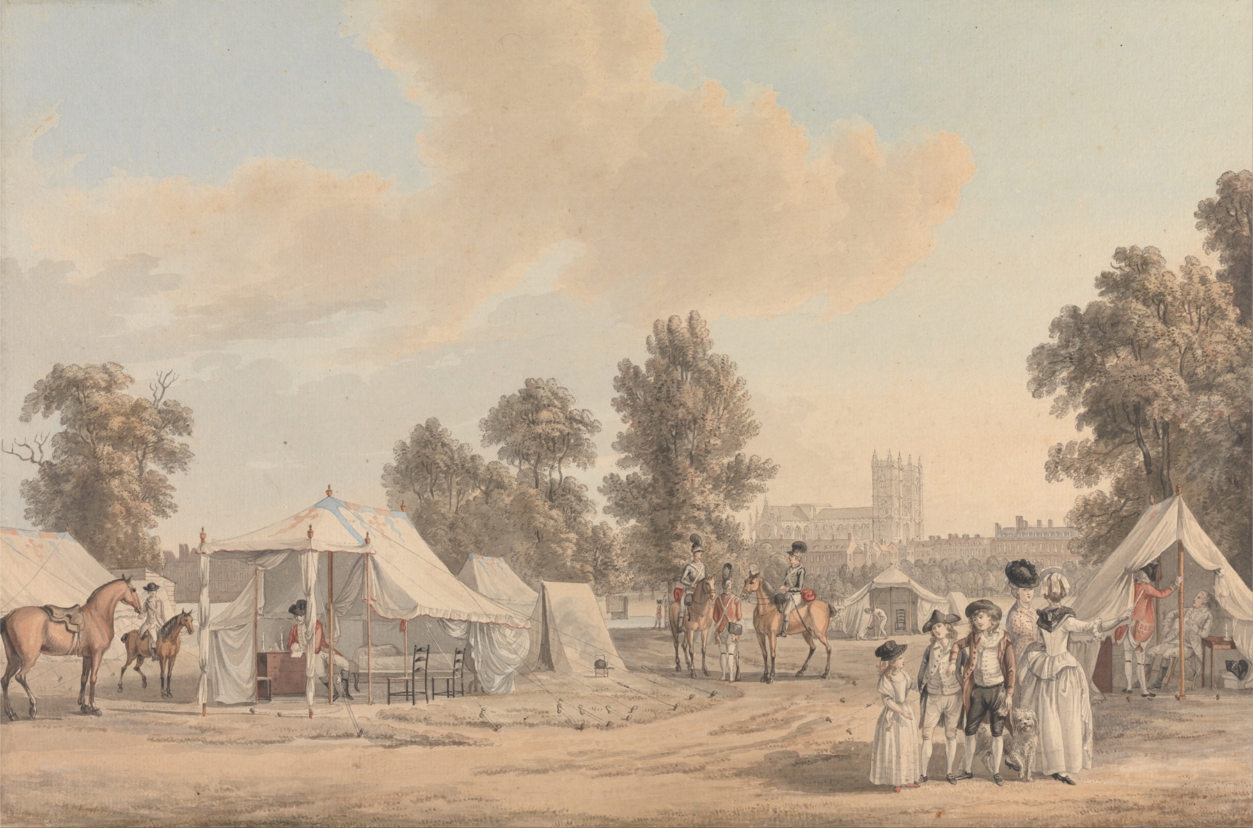 Genre scene with figures conversing in a park, watercolor on paper by Paul Sandby