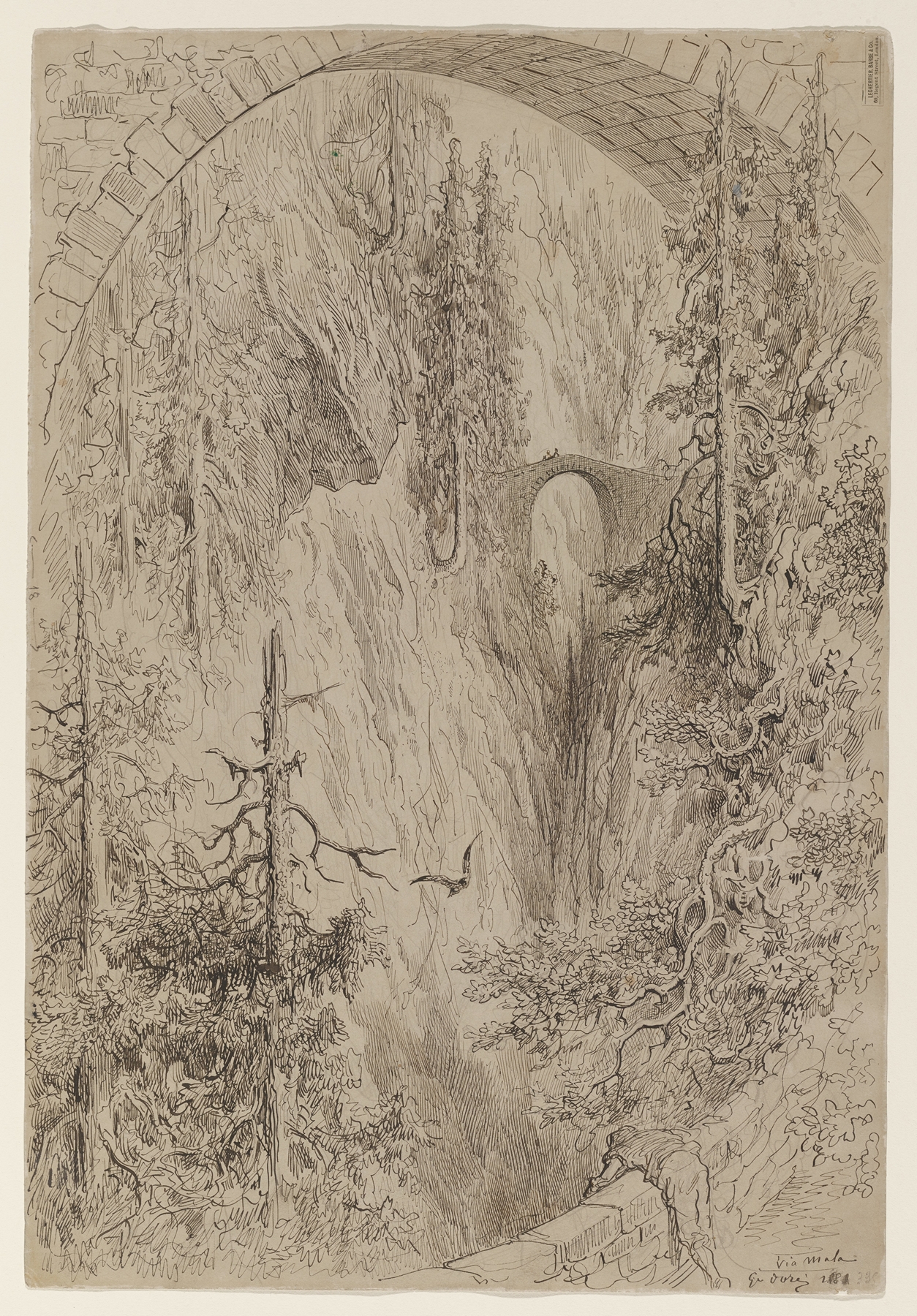 Landscape depicting a tumultuous river and jagged cliffs, oil painting by Gustave Doré, 1881