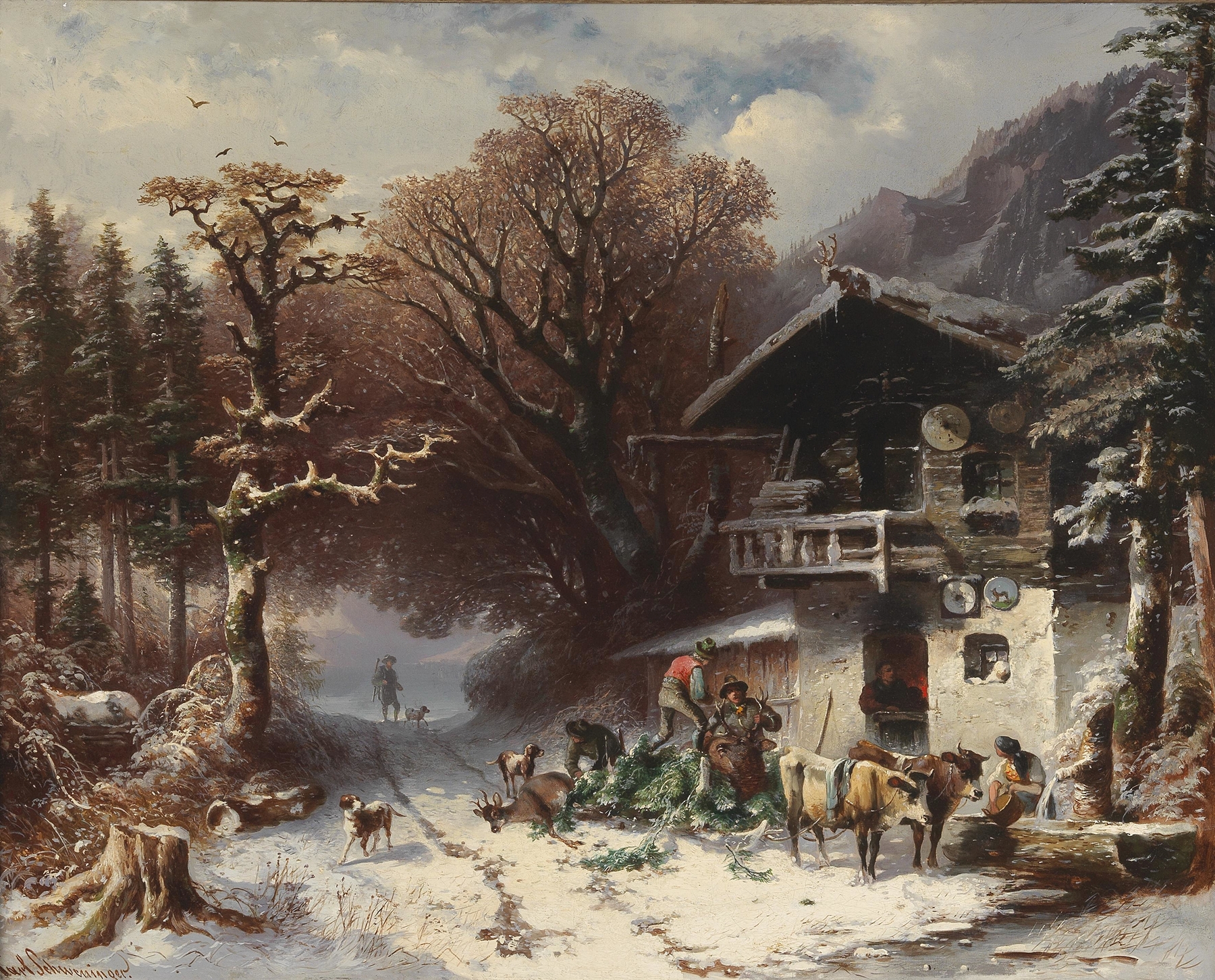 Stag with antlers in a natural setting, oil painting by Carl Schweninger