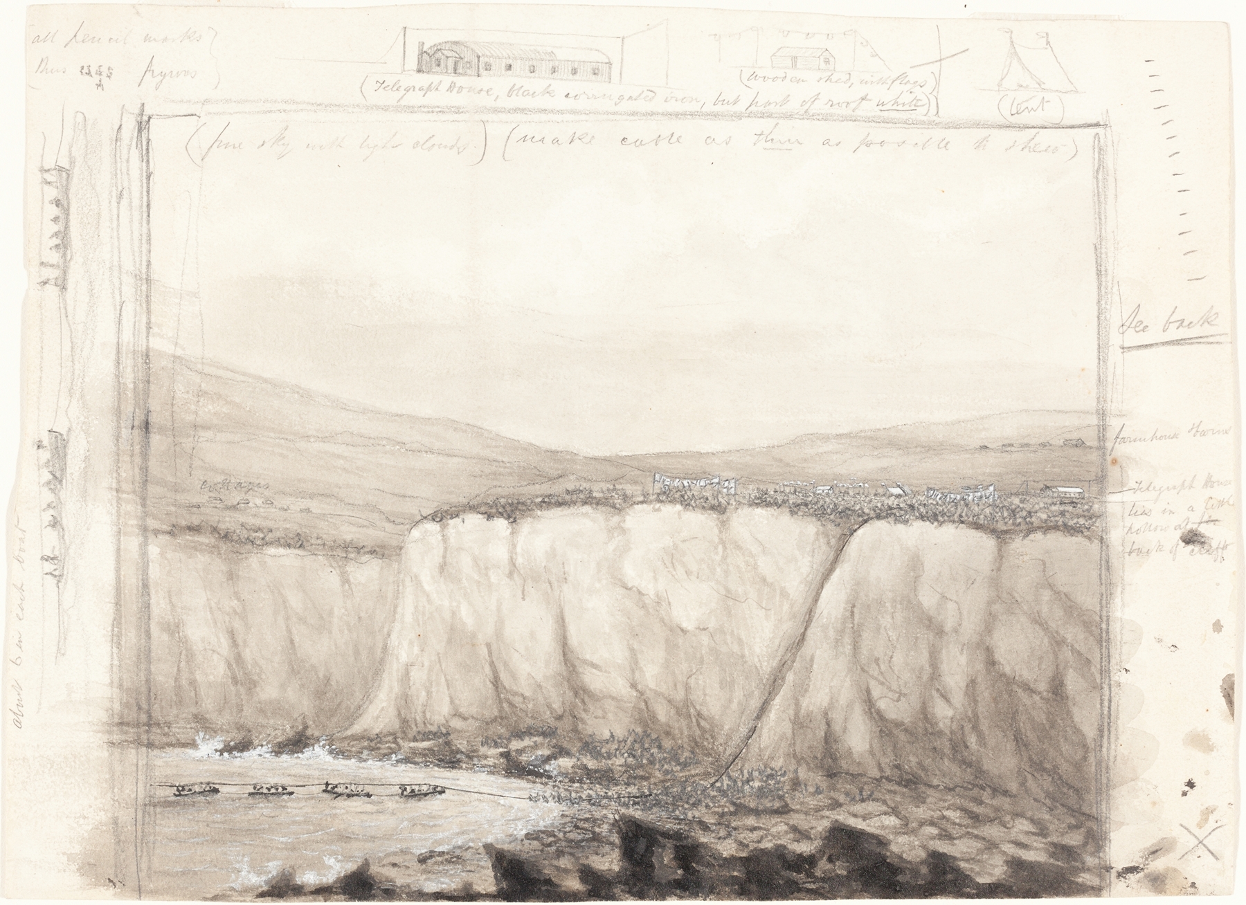 Sketch of Boats near a Cliff, watercolor on paper by British 19th Century
