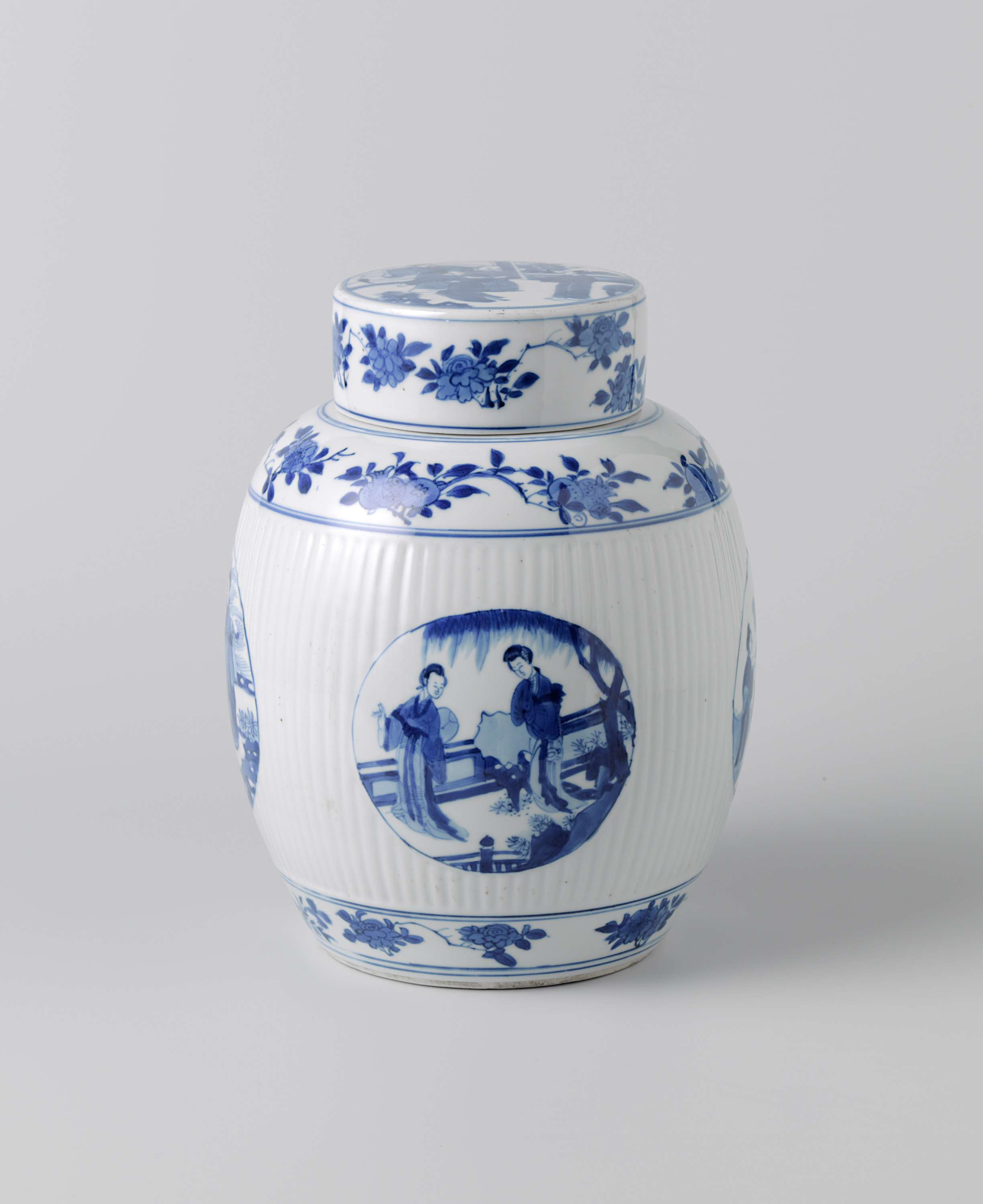Ovoid covered jar with fluted sides and figures in medallions, ceramic, unknown artist