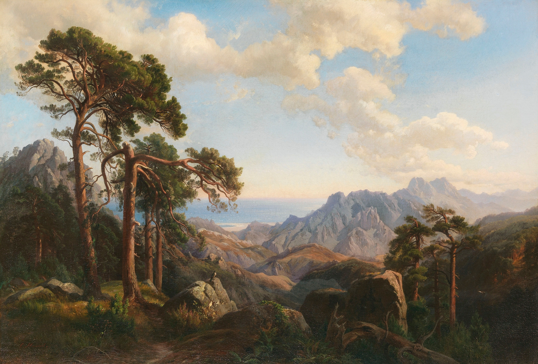 Landscape with hills and pine trees by Carl Hummel, 1871