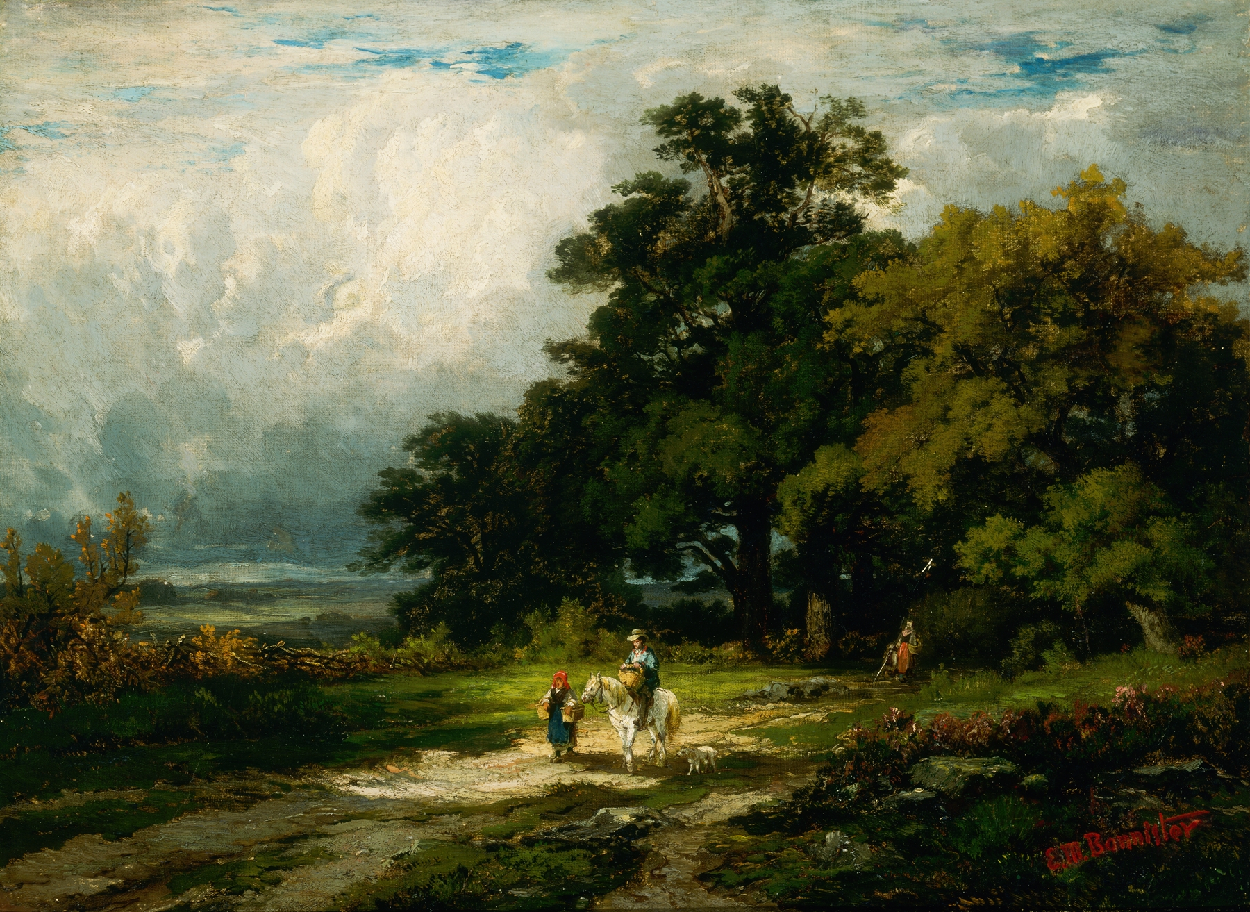 Genre scene of a man on horseback with a woman and dog by Edward Mitchell Bannister, oil painting