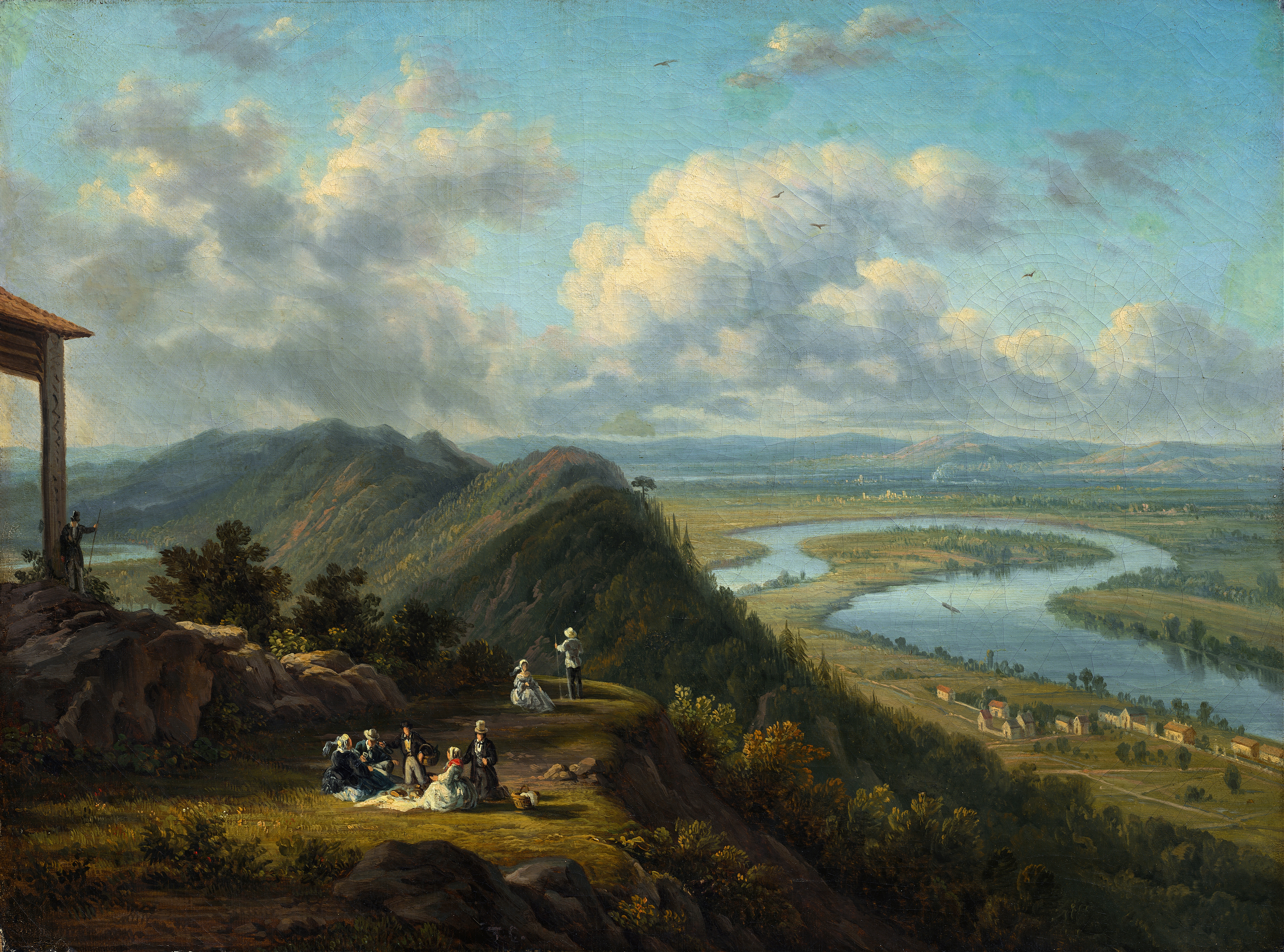 The Oxbow Seen from Mount Holyoke, oil on canvas by Victor de Grailly depicting a dramatic landscape.