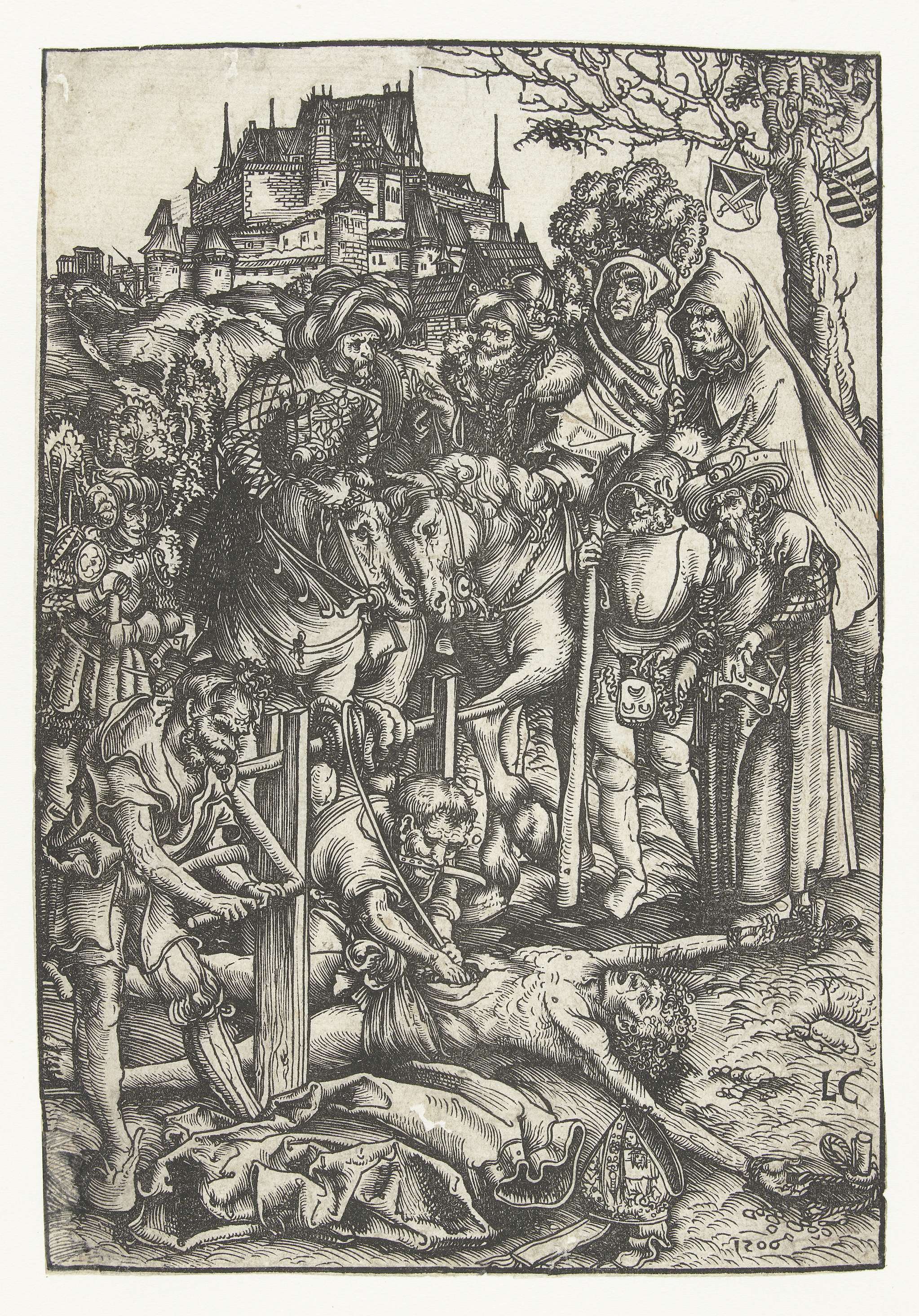 Martelaarschap van Heilige Erasmus by Lucas Cranach, paper medium, depicting a saint in martyrdom.