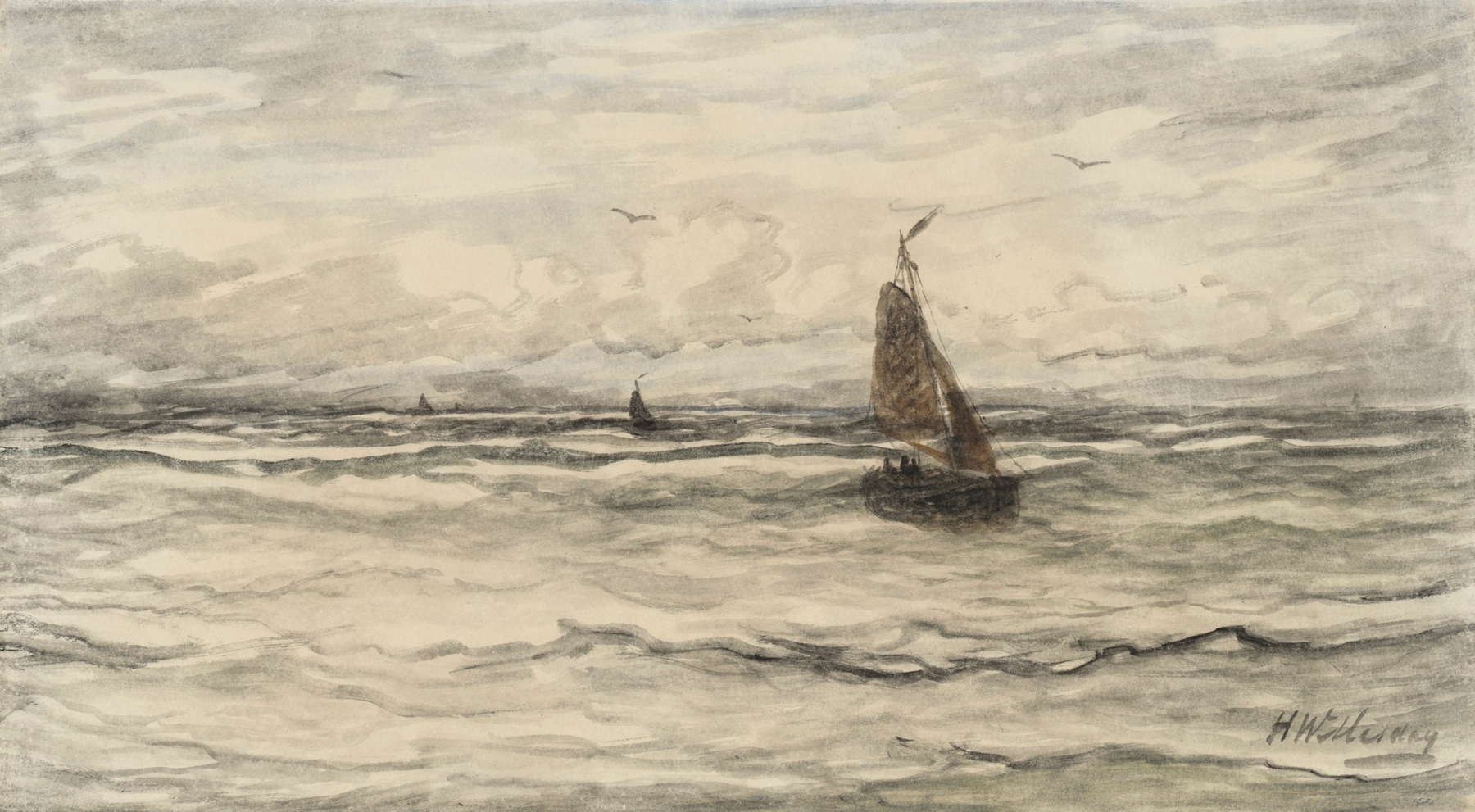 Bomschuiten op zee, by Hendrik Willem Mesdag, public domain