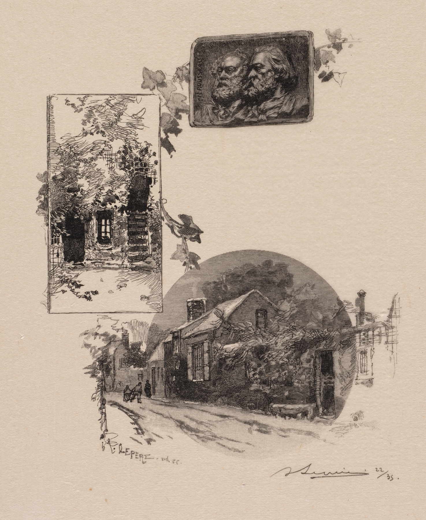 Engraving by Auguste Louis Lepère depicting an interior studio with light and shadows.