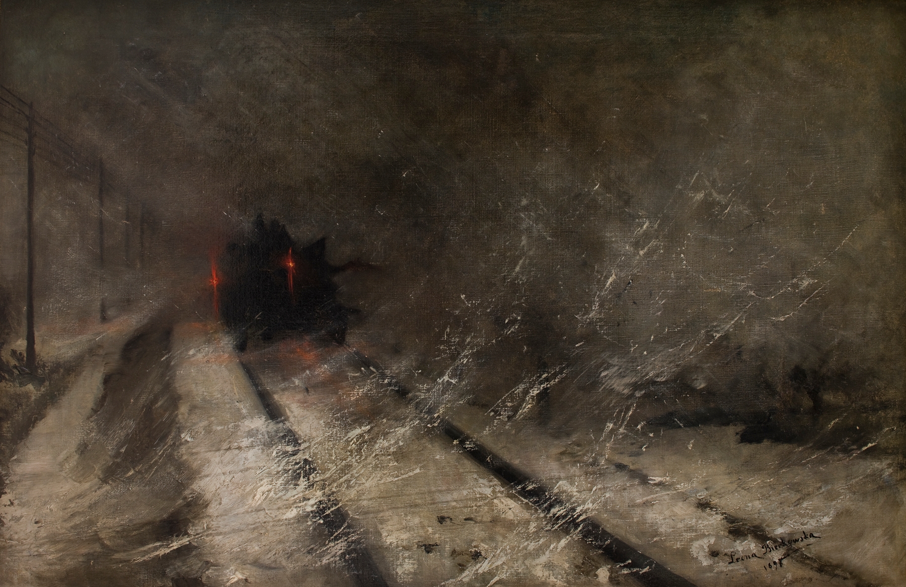 Blizzard by Leona Bierkowska, oil painting depicting a snowstorm with swirling whites and grays.