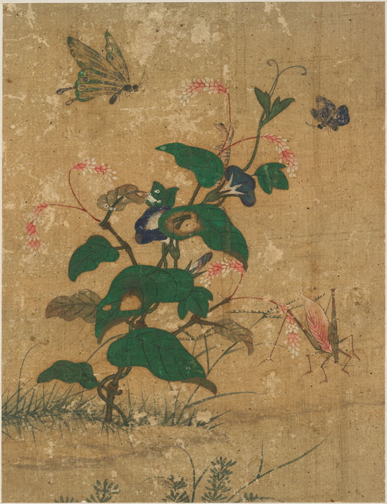 Silk artwork by Sin Saimdang depicting morning glories, butterflies, and a grasshopper.