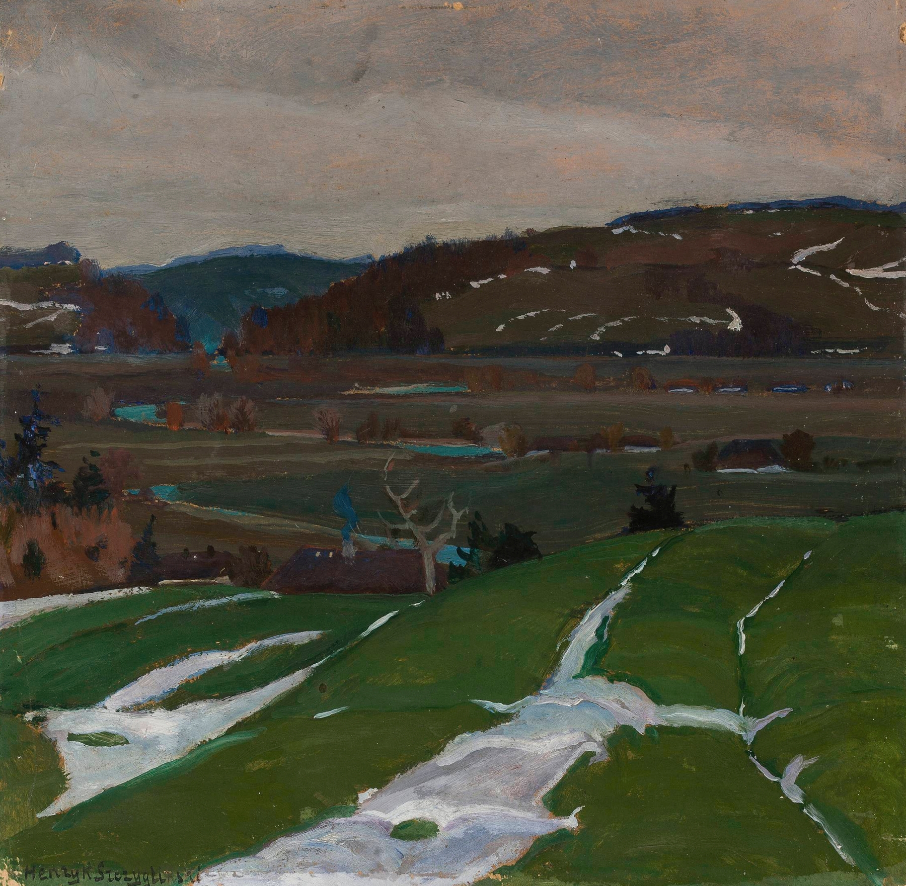 Landscape near Vilnius, oil on canvas by Henryk Szczygliński, featuring rolling hills and soft light.
