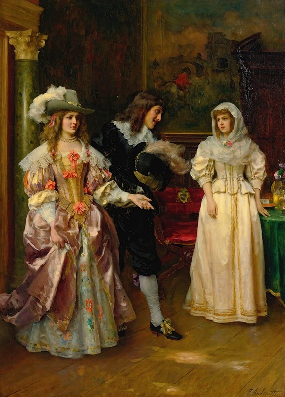 Interior scene with an elegant woman in a silk gown, oil on canvas by Federico Andreotti