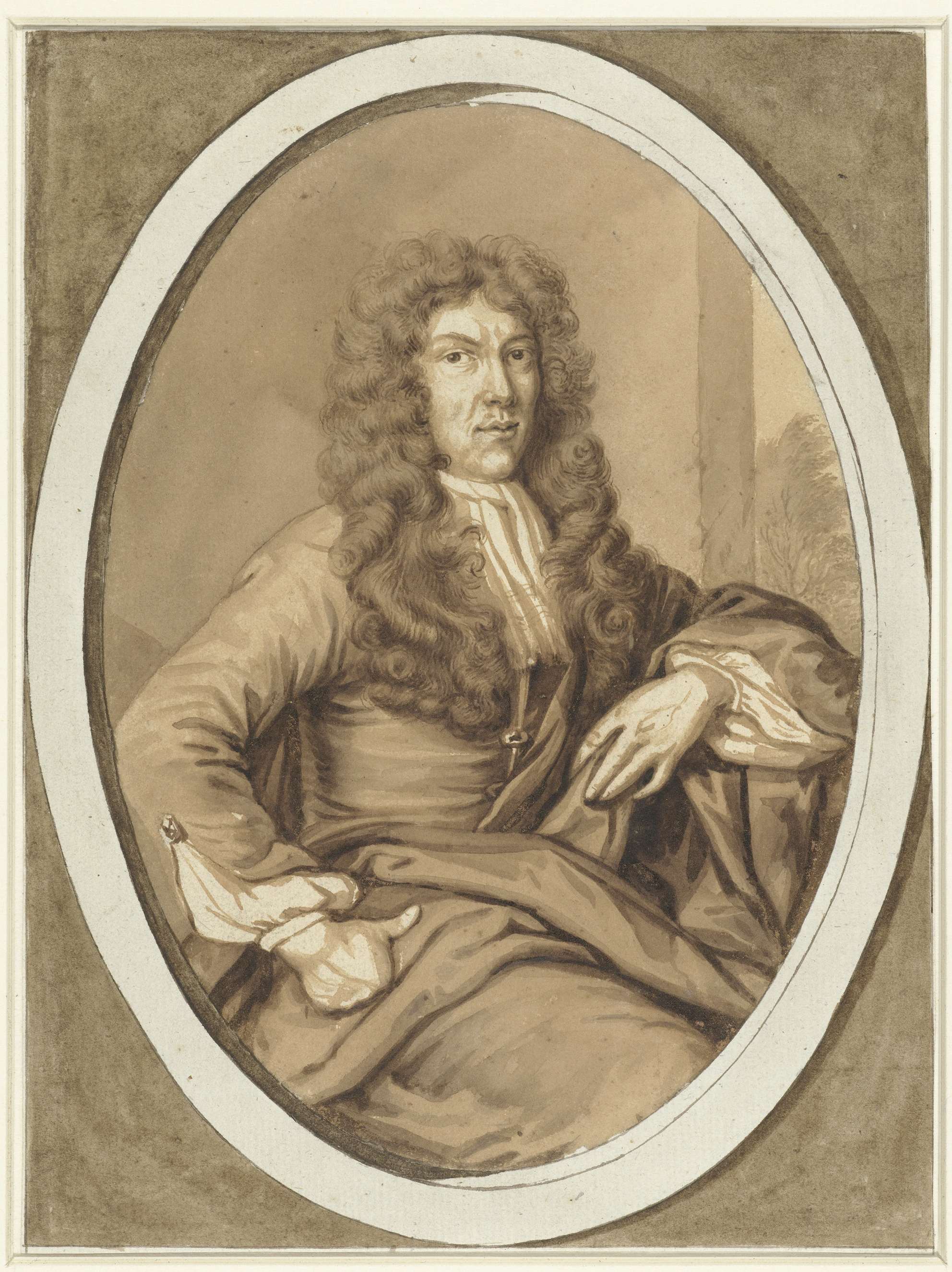 Portrait of a young man by Cornelis Dusart, oil painting, featuring serene expression and soft curls.
