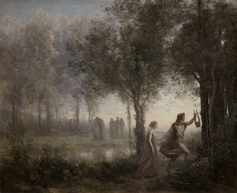 Jean-Baptiste-Camille Corot's painting depicts Orpheus leading Eurydice from the Underworld.
