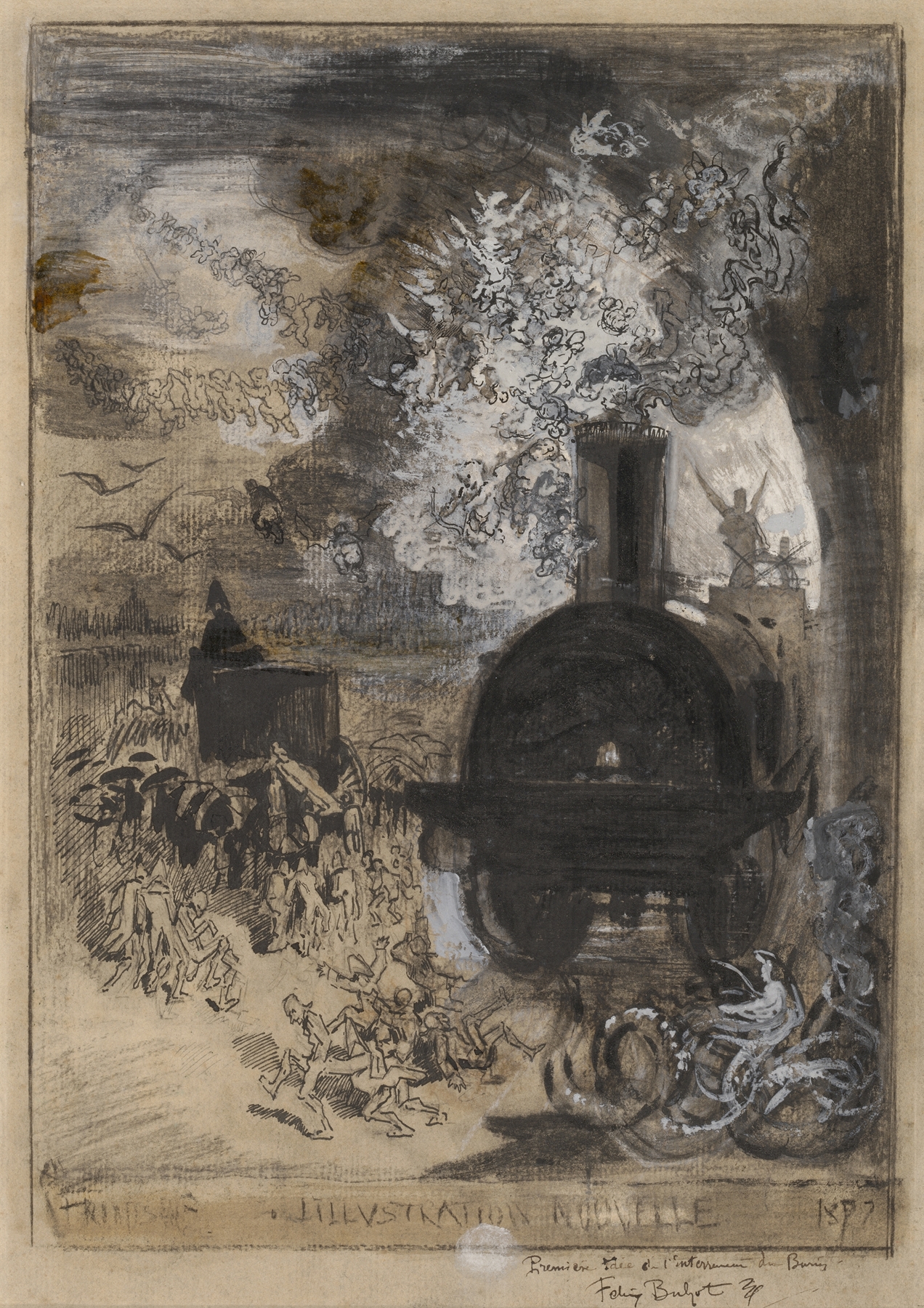 Etching by Félix Hilaire Buhot depicting shadowy figures and a burin.