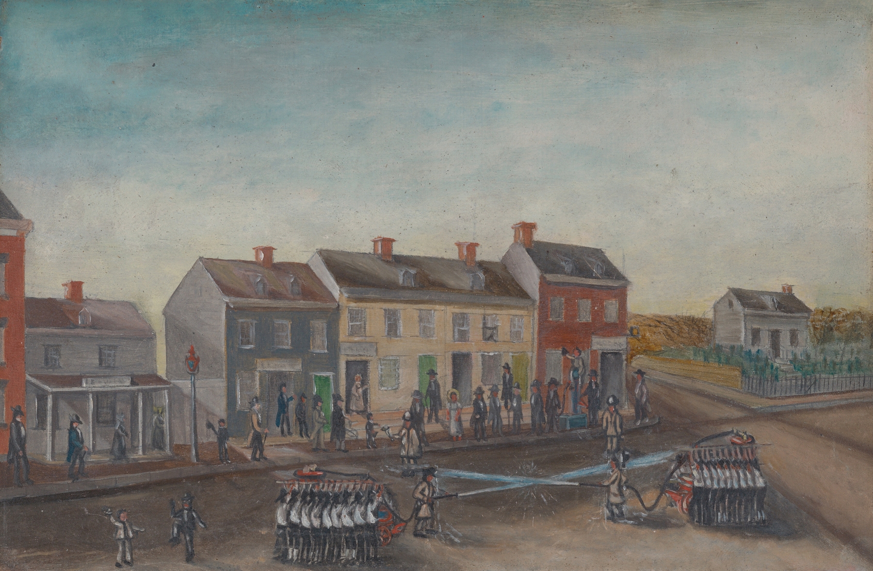 Firemen’s Washing Day by William P. Chappel, realism, depicts firemen washing uniforms in sunlight.