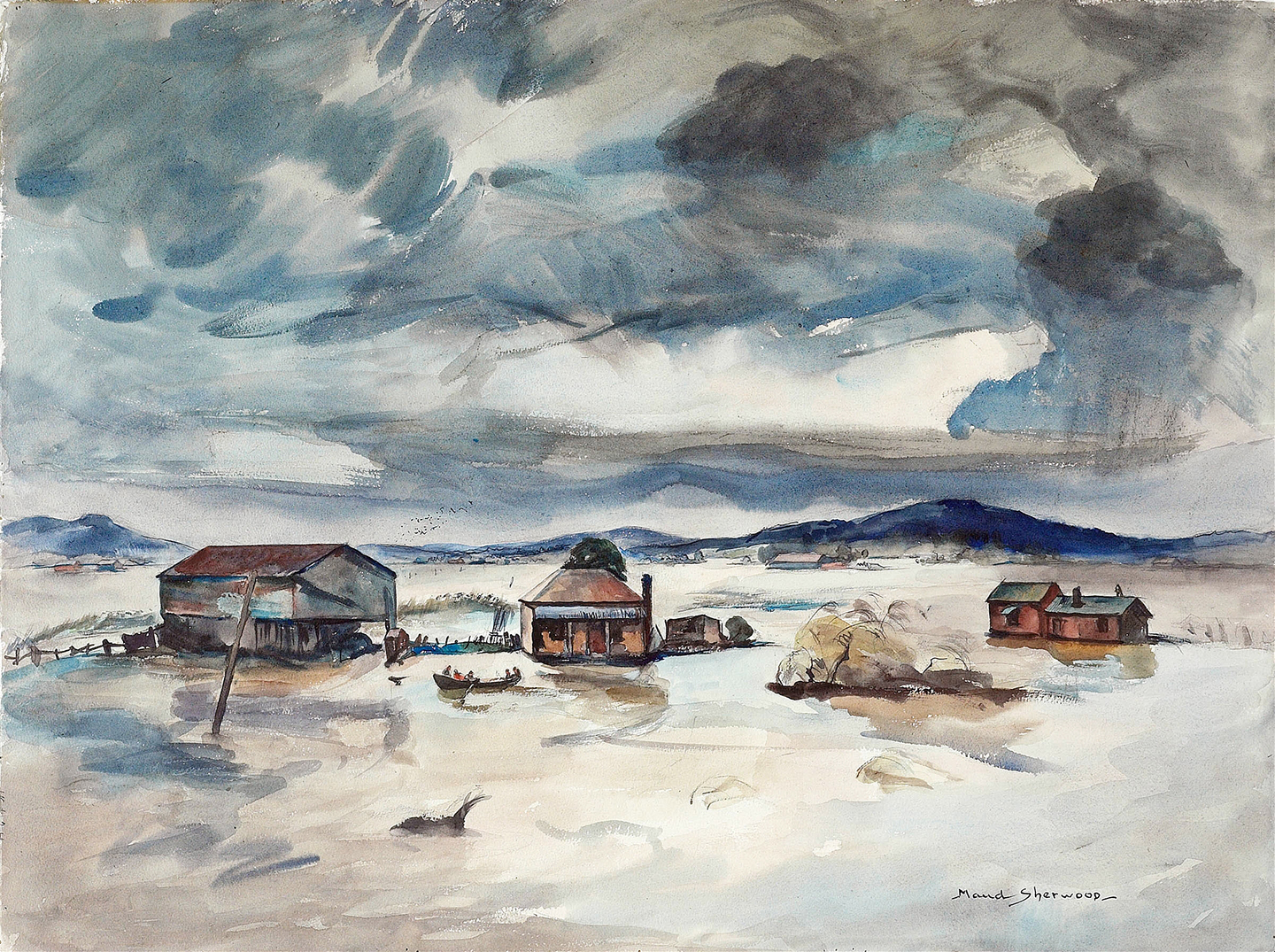 Flood near Maitland by Maud Sherwood, oil on canvas depicting turbulent waters and chaotic nature.