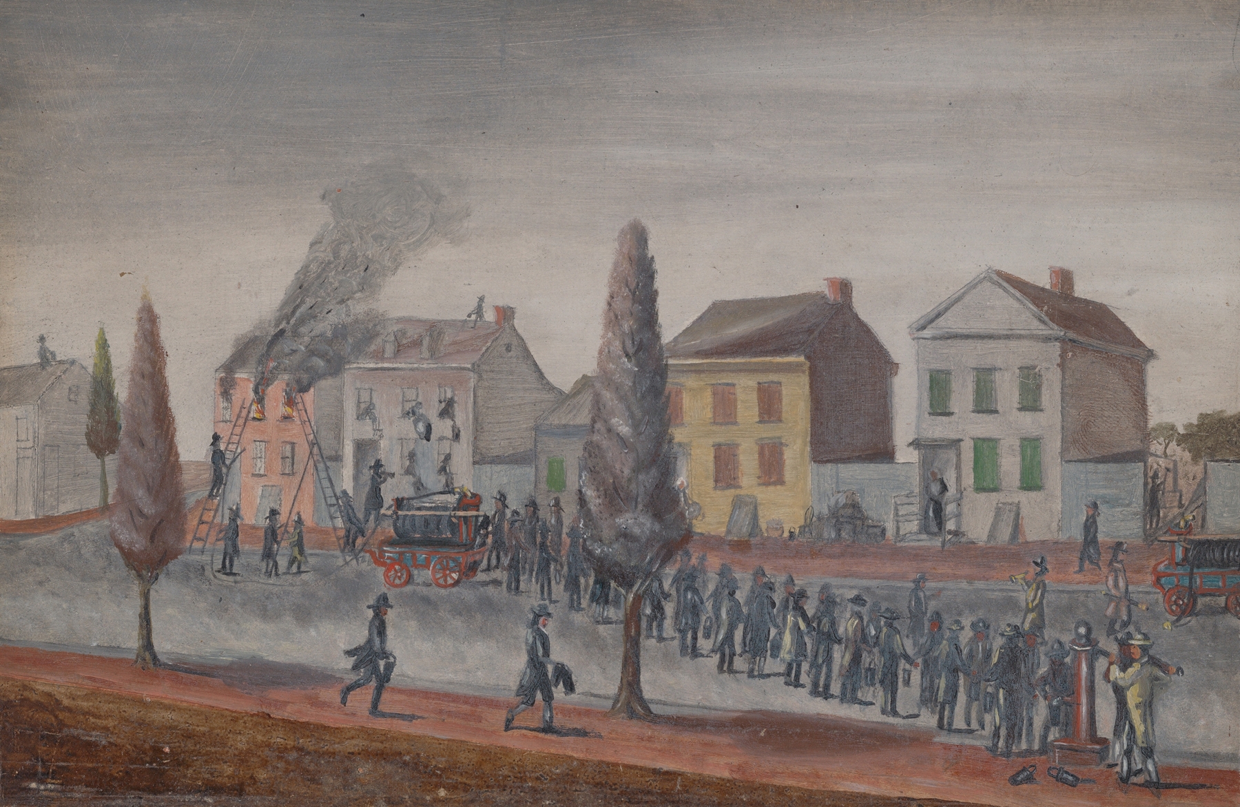 Fighting a Fire, oil on canvas by William P. Chappel, depicting chaos and flames.