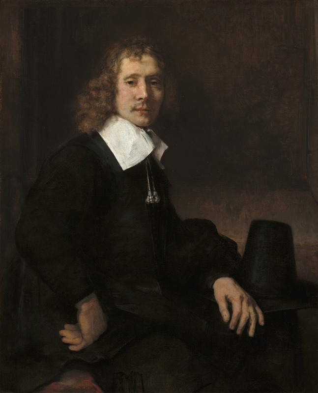 A young man seated at a table, painted by Rembrandt.