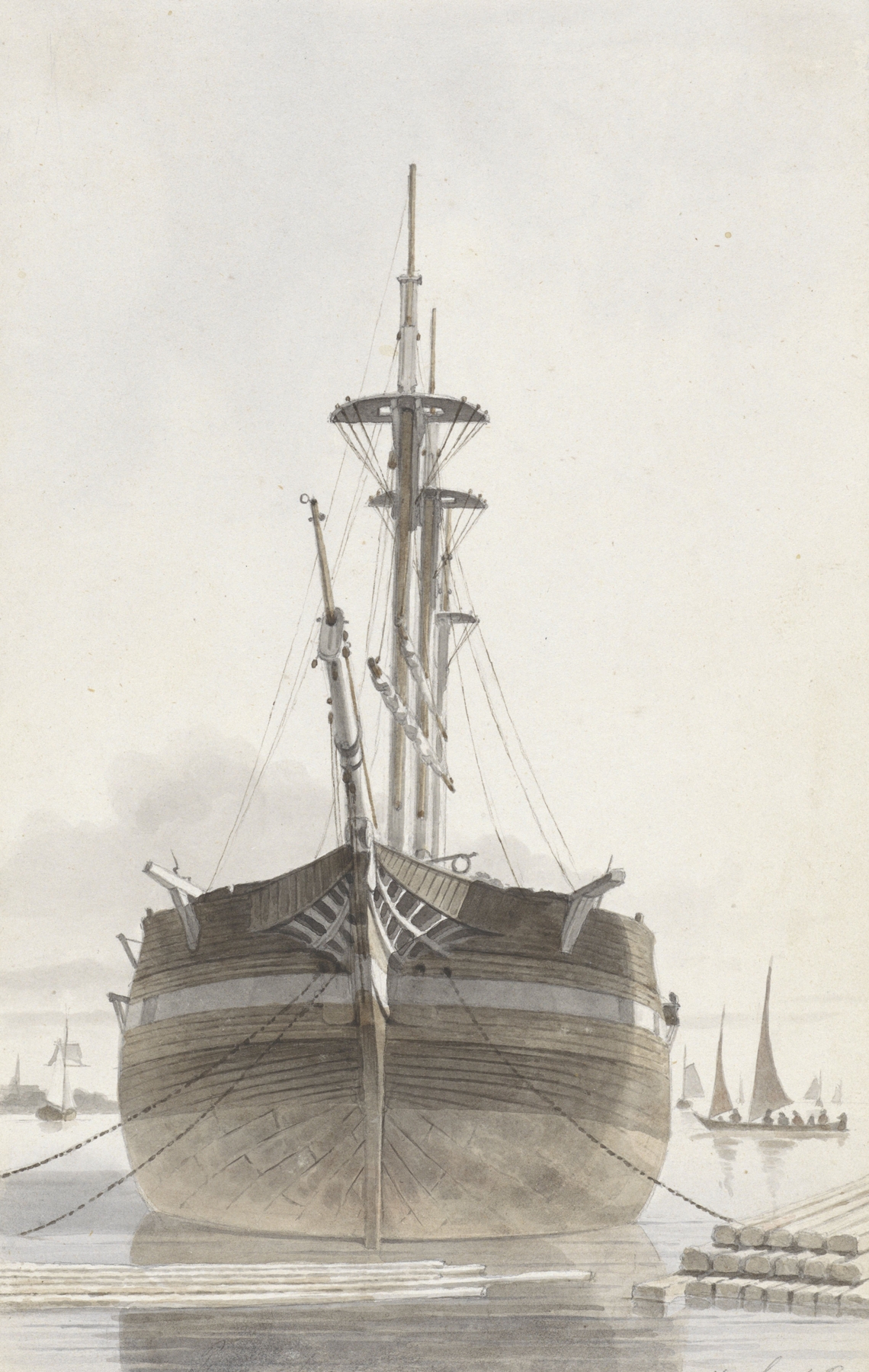 Zeilschip van voren gezien in een houthaven, by Hendrik Abraham Klinkhamer, public domain