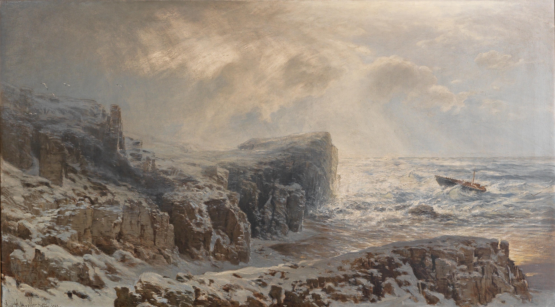 Winter storm landscape by August Schaeffer von Wienwald, oil painting