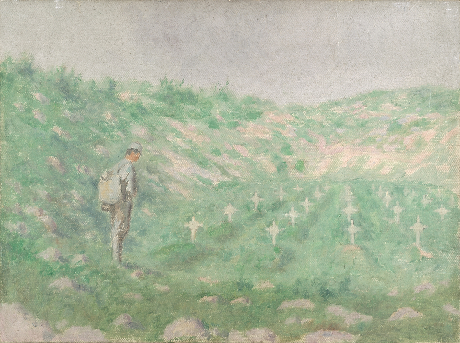 Military Cemetery by Dezider Czölder, oil on canvas depicting aligned headstones