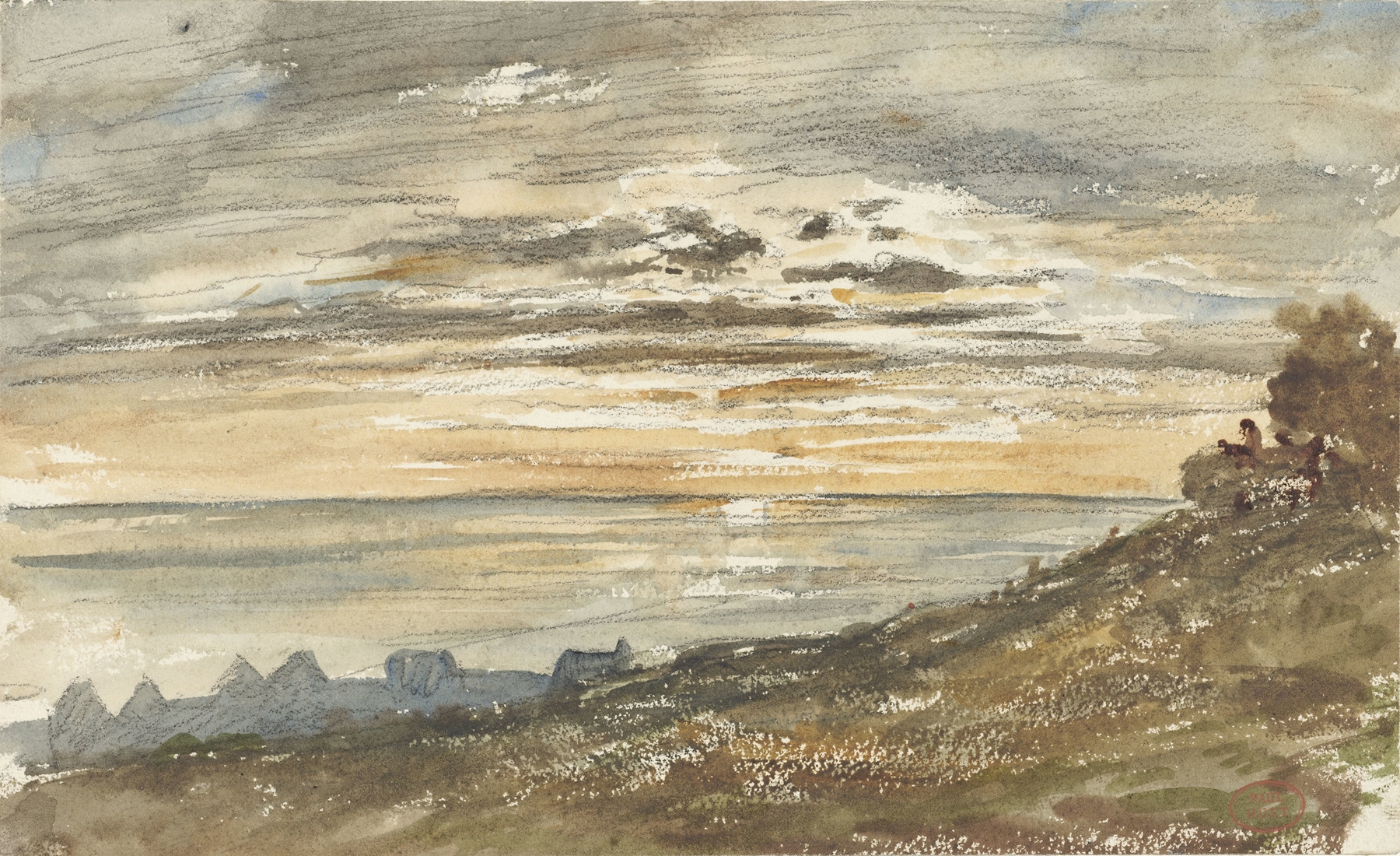 Sunset over Trouville, oil on canvas by Paul Huet, with golden light reflecting on the sea.