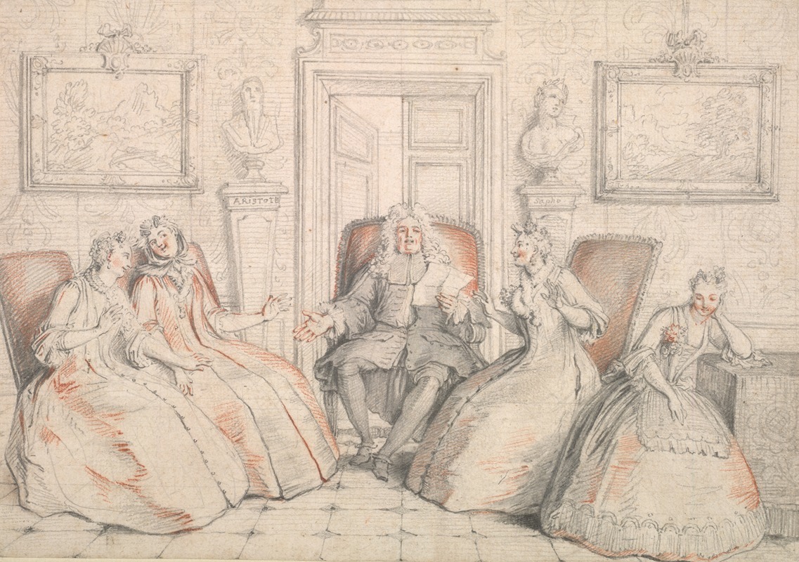 A depiction of Trissotin reading to three women in a theatrical setting.