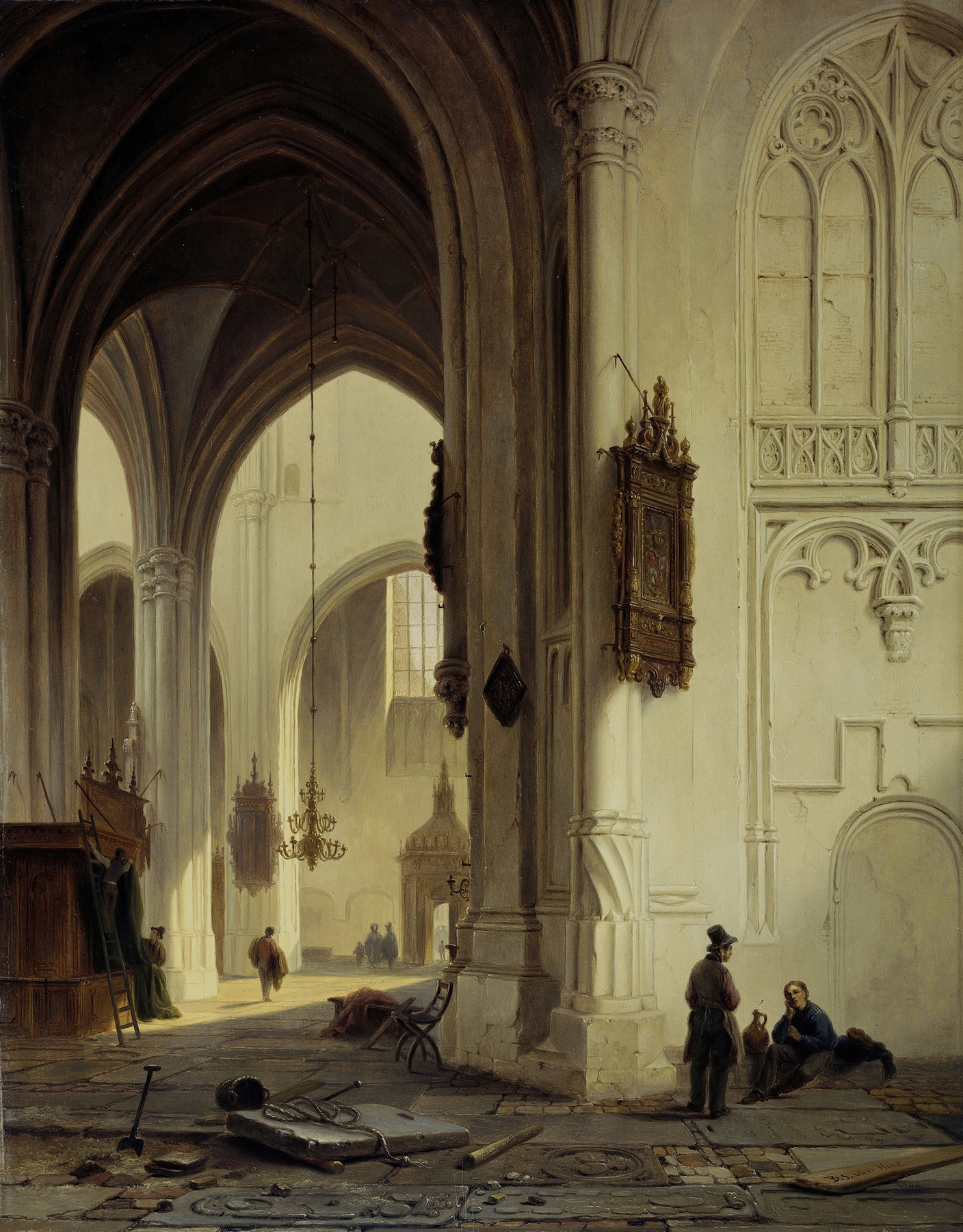 Church Interior by Bartholomeus Johannes van Hove, oil on canvas depicting a serene church with light and shadows.
