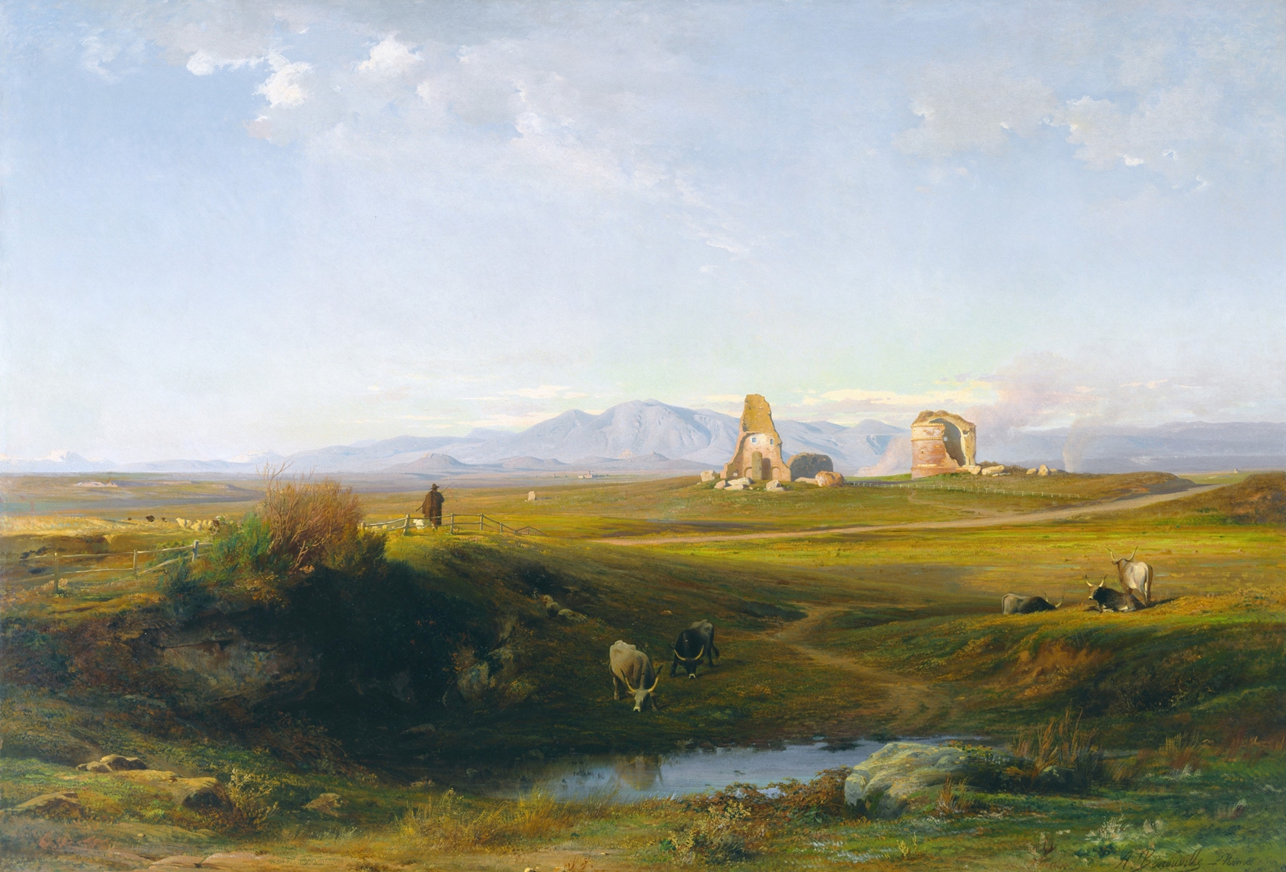 A View of the Roman Countryside by Jean-Achille Benouville, oil painting depicting rolling hills and golden light.