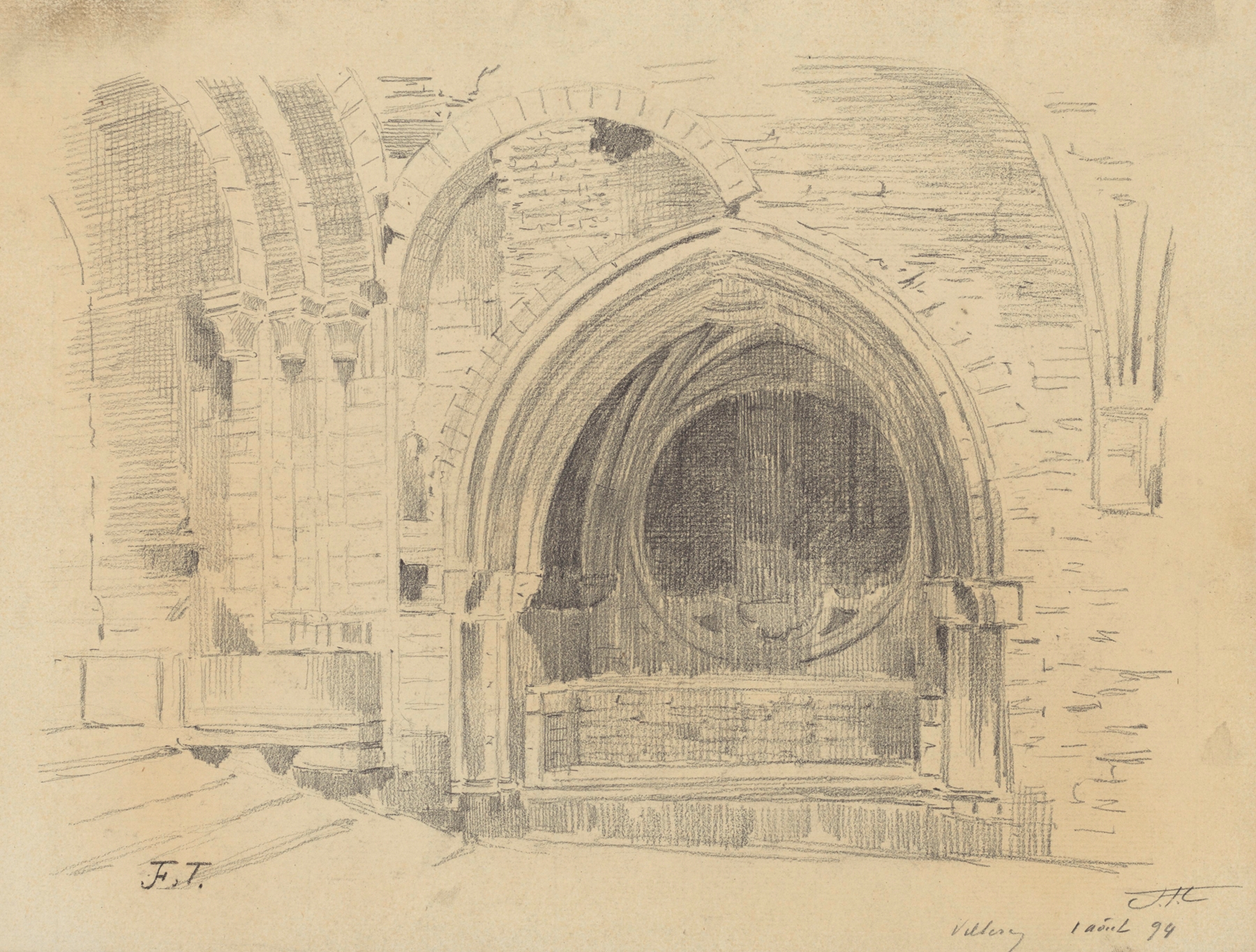 Ruins of an abbey with a rose window, oil painting by Jean-François Taelemans