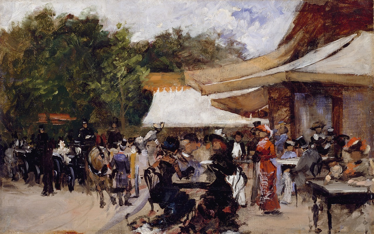 A lively scene outside a restaurant in the Bois de Boulogne.