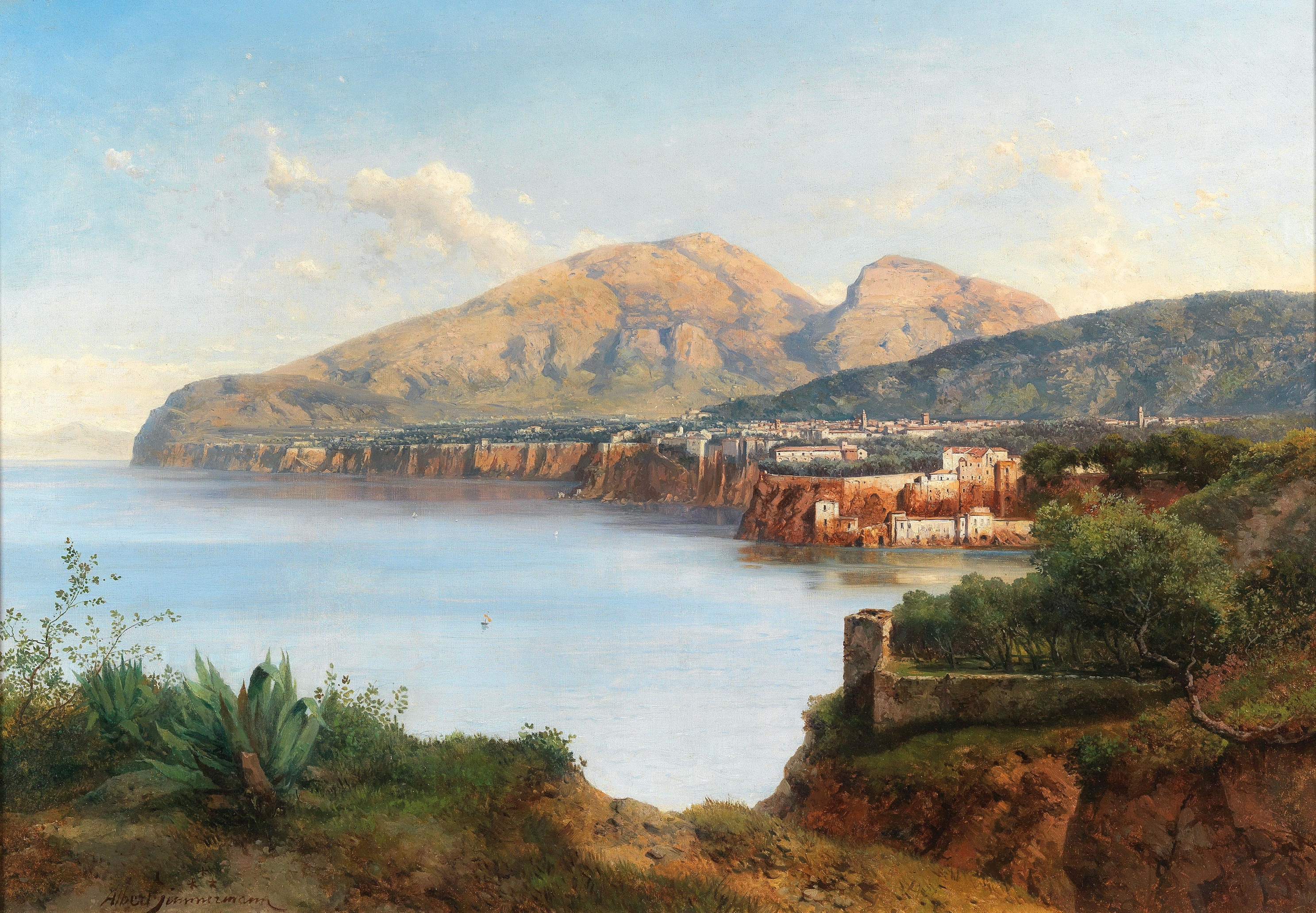 A View Of Sorrento, oil on canvas by Albert Zimmermann, depicting azure sea and sunlit cliffs.