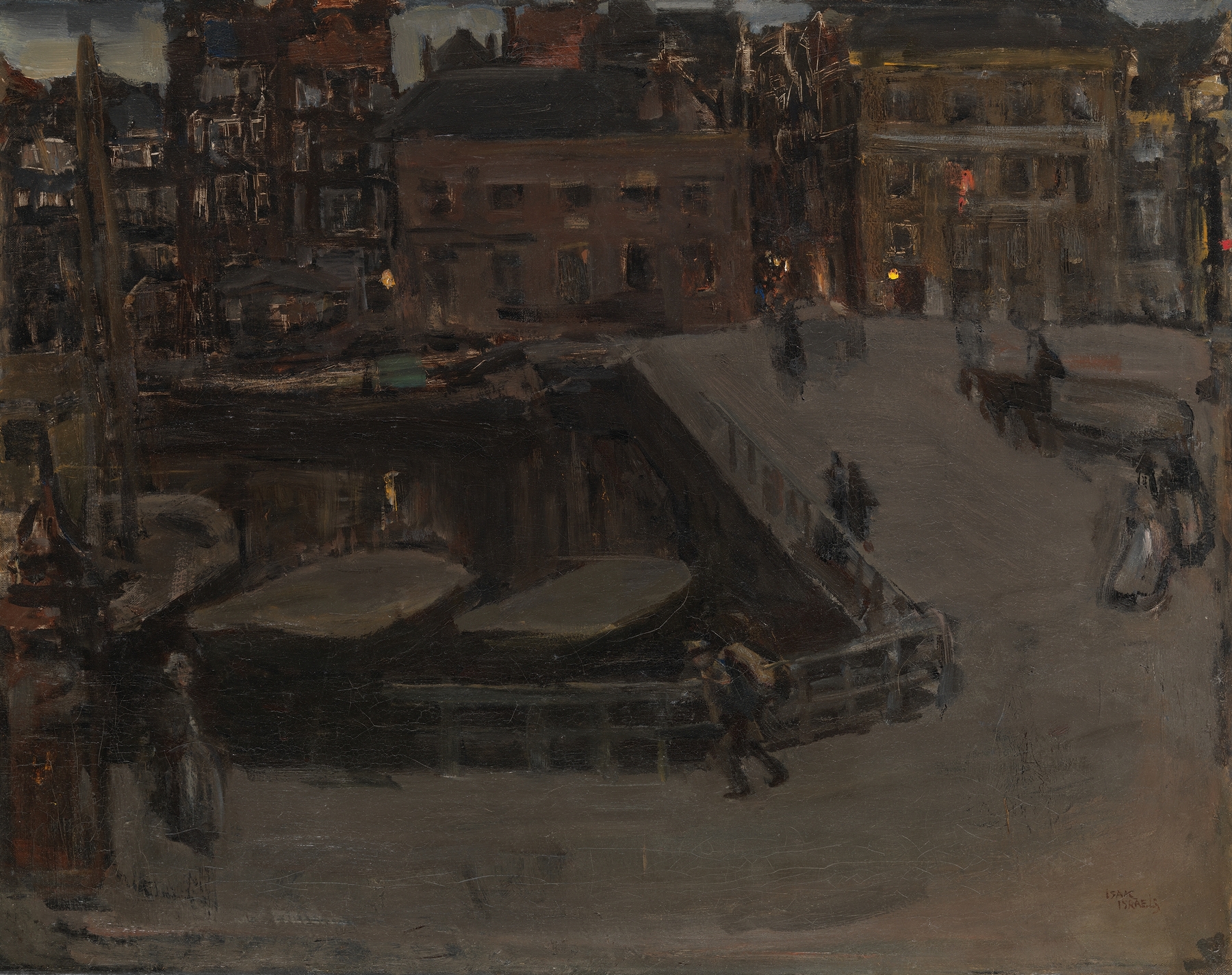 Damrak at night by Isaac Israëls, depicting shimmering water and night reflections, oil painting