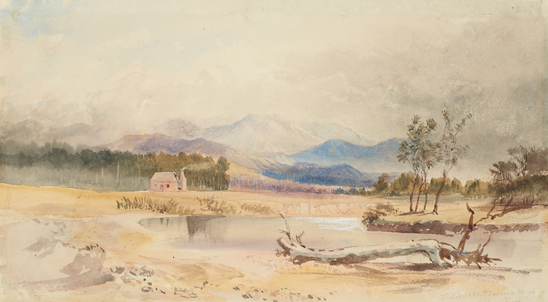 Landscape of the Tararua Mountains and Waipoua River, oil painting by Nicholas Chevalier