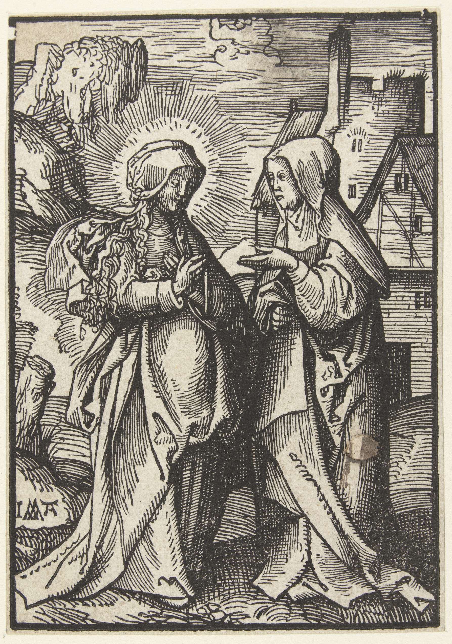 Visitatie by Jacob Cornelisz van Oostsanen, paper medium, two women embracing in a dimly lit chamber