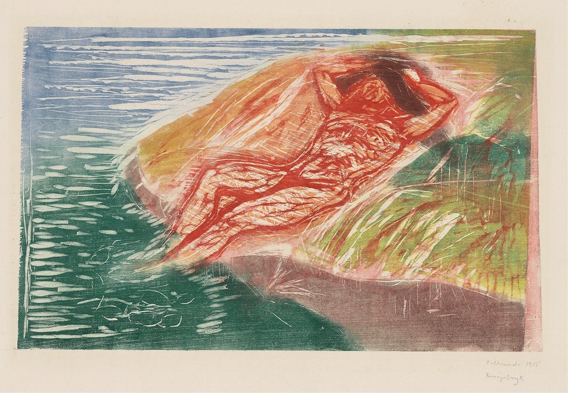 Edvard Munch's 'Sunbathing I' depicts a figure relaxing in a vibrant landscape.