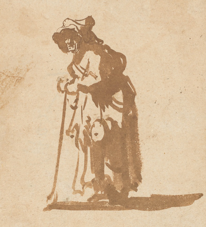 Rembrandt's painting depicts a beggar woman leaning on a stick, showcasing his skill in portraying human emotion.