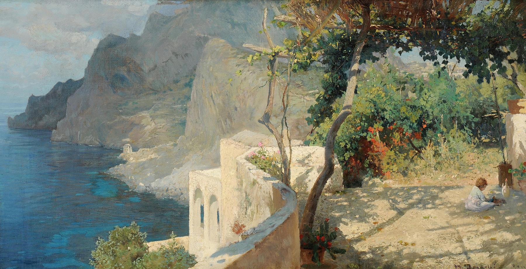 Capri by Othmar Brioschi, oil painting depicting twilight over the sea and cliffs