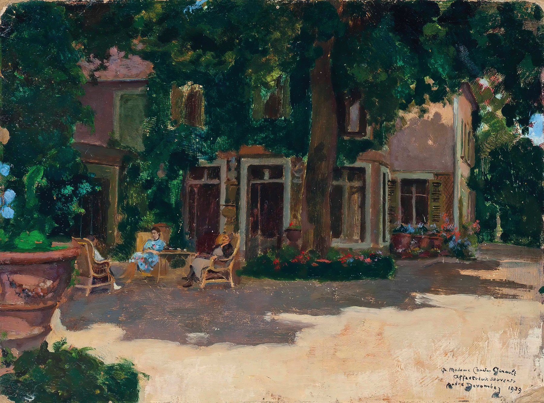 Interior scene of afternoon tea in the shade, André Victor Édouard Devambez, oil painting