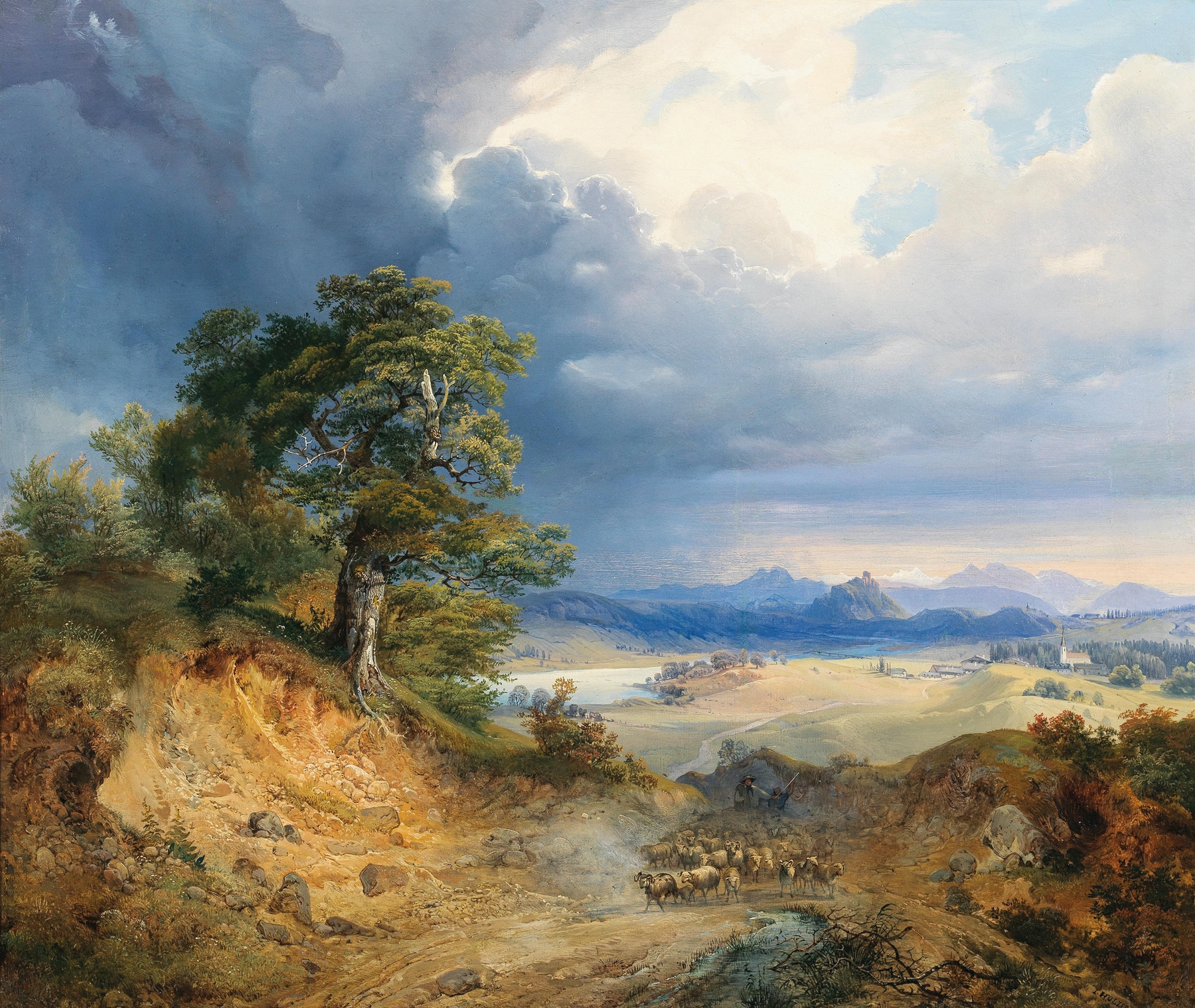 A Carpathian landscape with a shepherd and his cattle, oil on canvas by Joseph Holzer