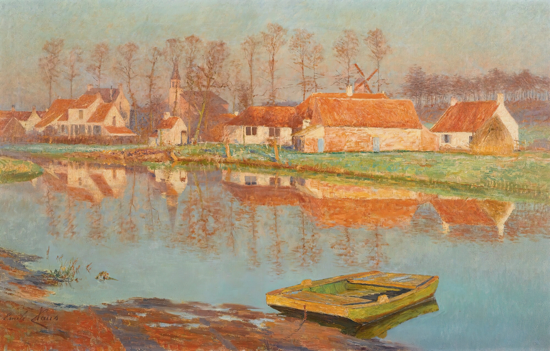 Village de Deurle by Emile Claus, oil on canvas depicting a tranquil river and cottages.