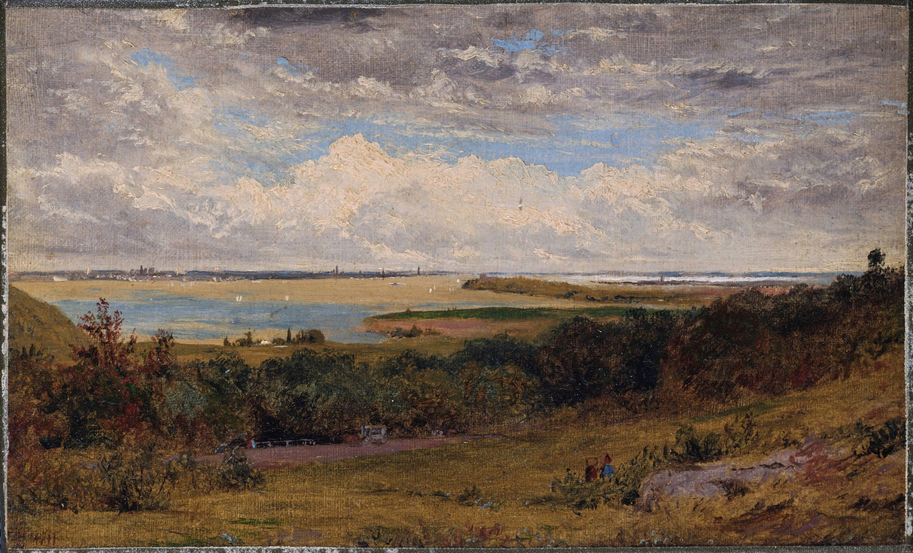 Study for ‘View of New York City from New Jersey’ oil painting by John Henry Hill depicting a city skyline at sunset.