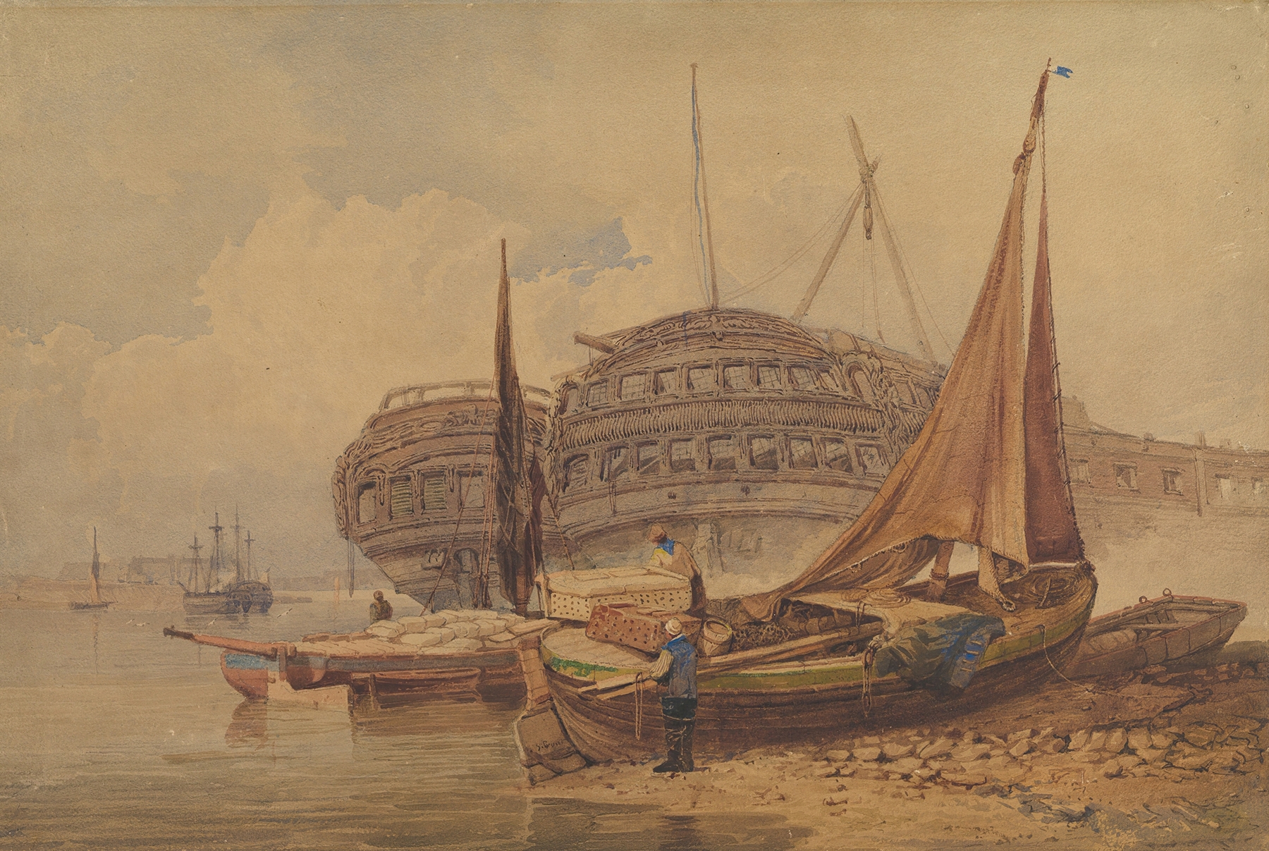 Coastal Scene with Beached Boats in Foreground, by Samuel Prout, public domain