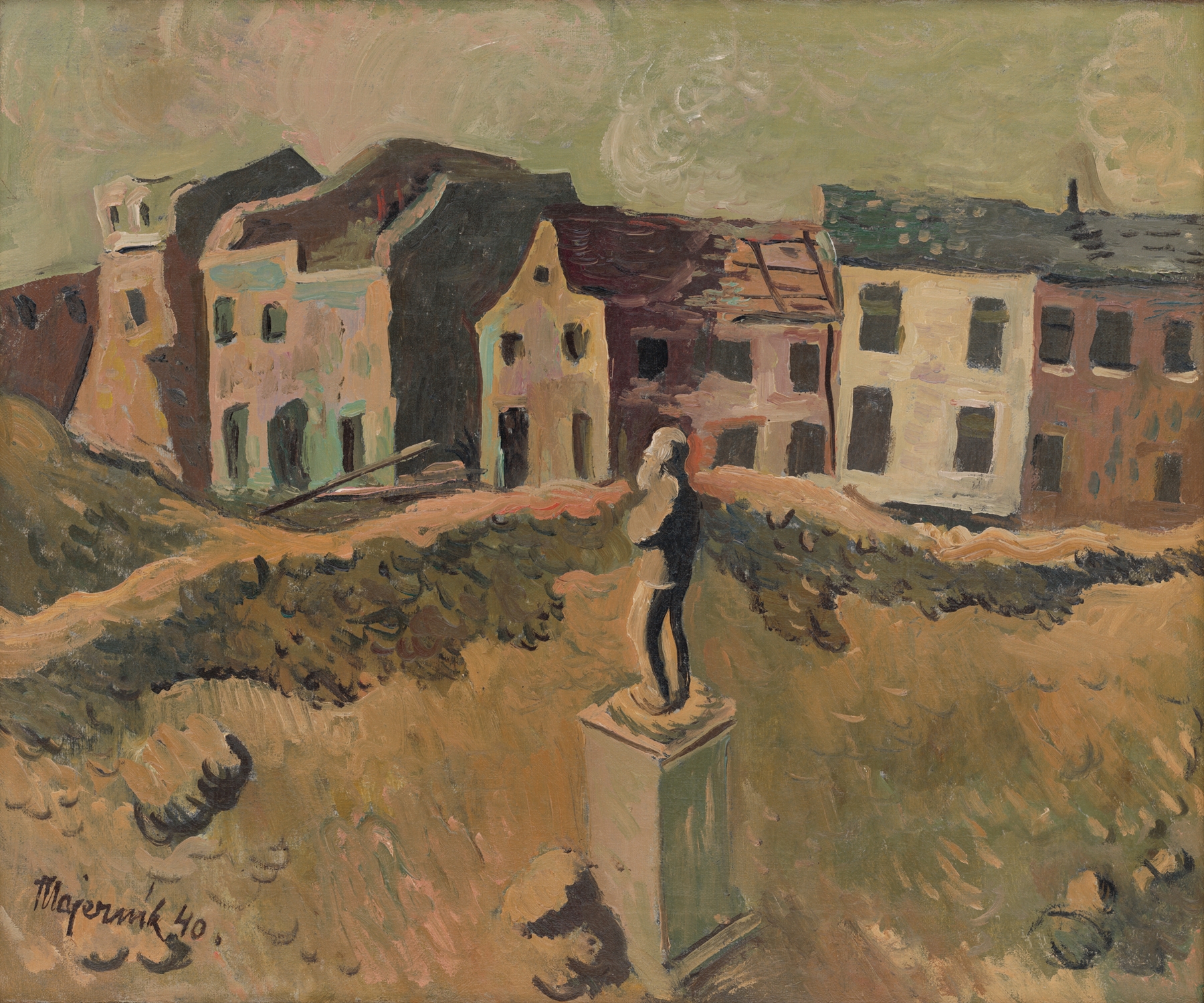 Figurative sculpture by Cyprián Majerník, 1940, depicting a monument in somber tones.