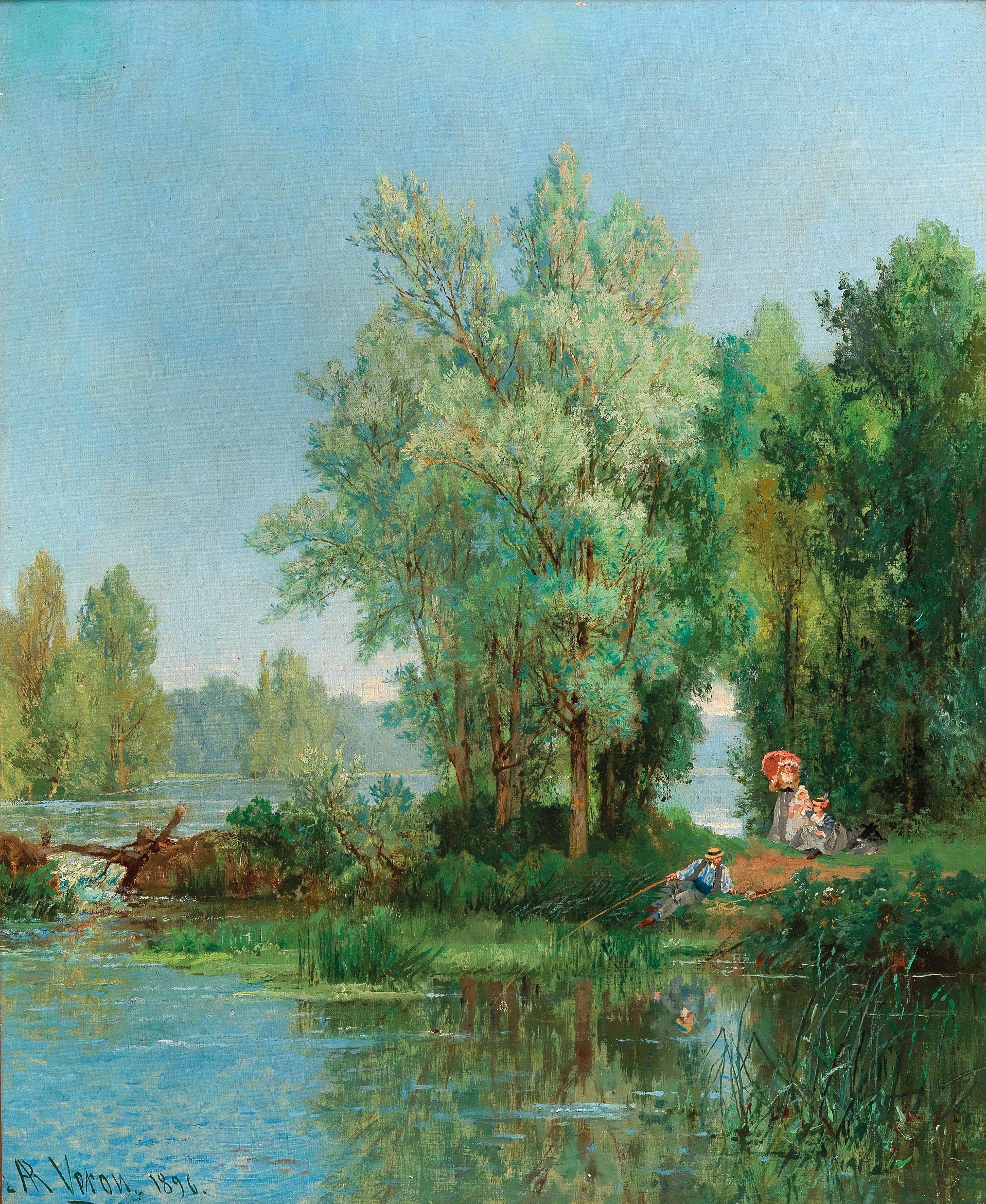 Family Excursion To The River by Alexandre René Veron, oil painting depicting a family gathering by the water.