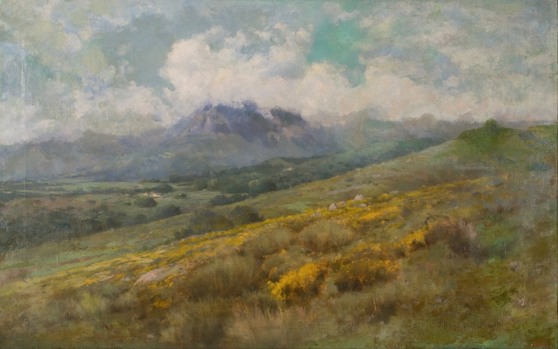 Landscape by Josep Berga i Boix, oil painting depicting rolling hills at twilight